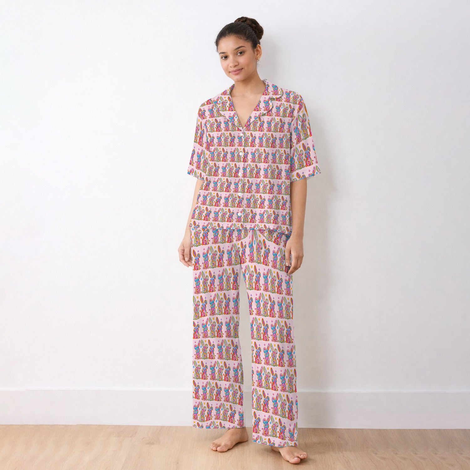 Cute Pastel Bunny Floral Pattern Pajama Set, Breathable Fabrics Uniform