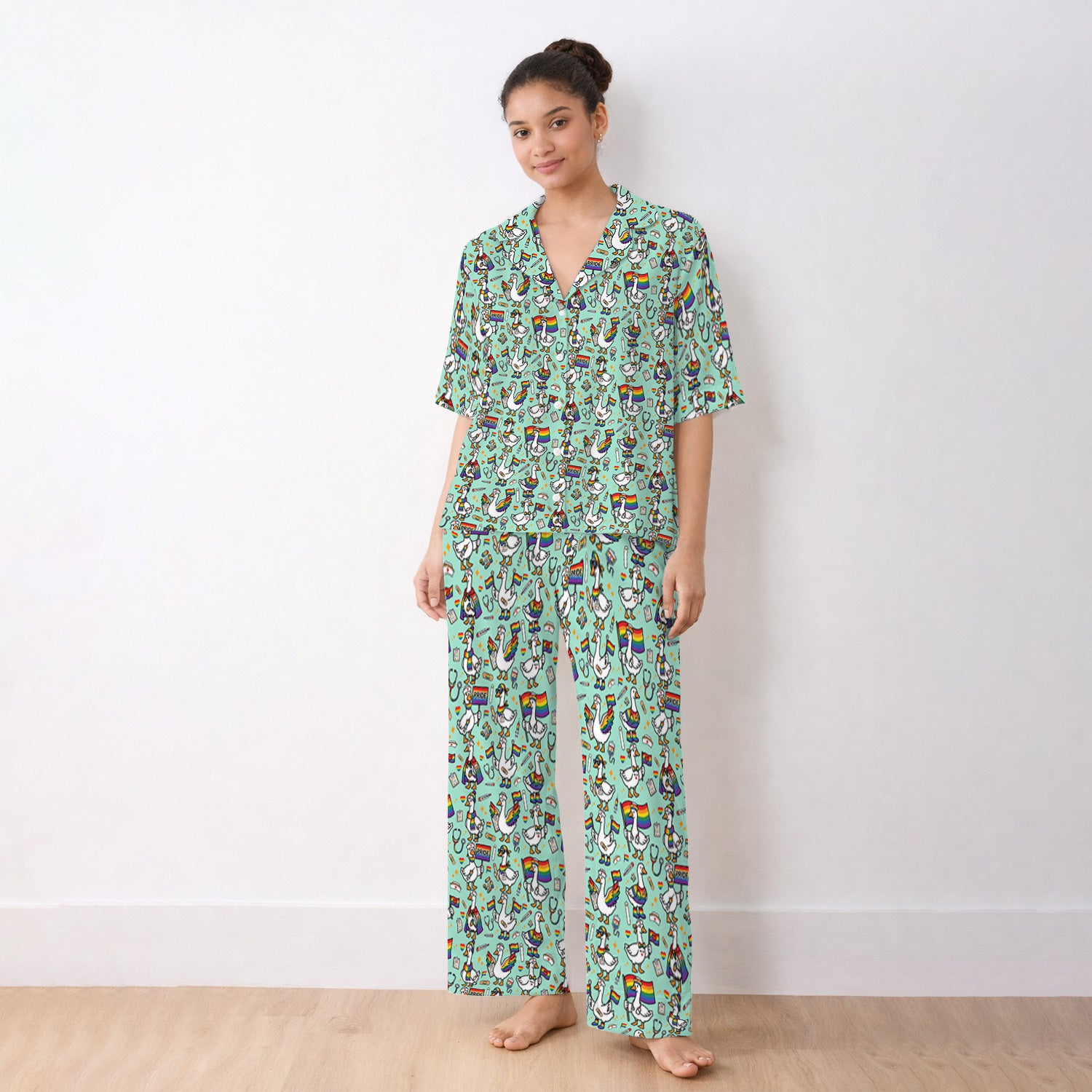 LGBT Pride Nurse Duck Pattern Pajama Set, Breathable Fabrics Uniform