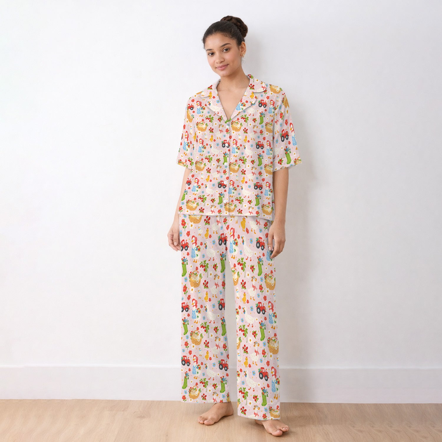 Farm Duck Chicken Tractor Flower Basket Pajama Set, Breathable Fabrics Uniform