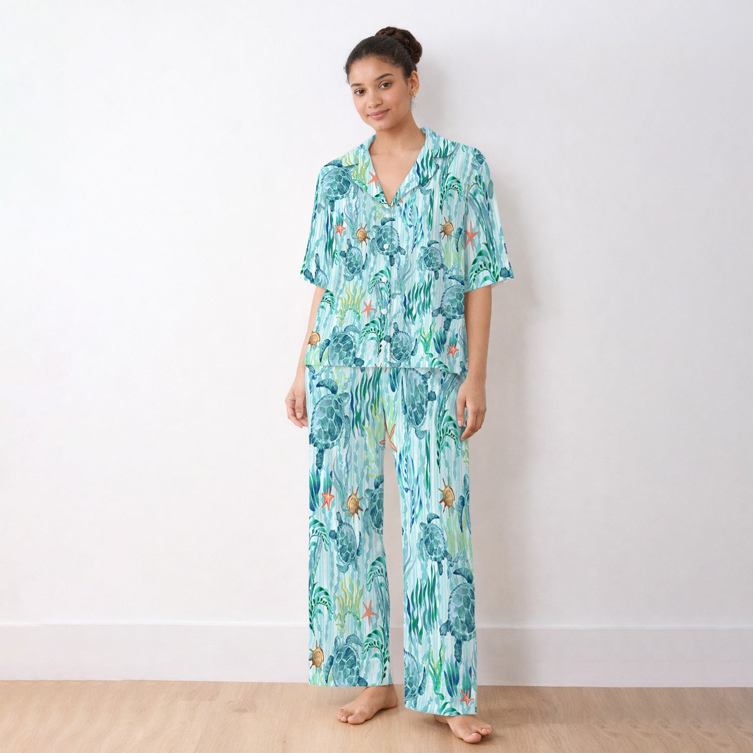 Sea Turtle Ocean Watercolor Print Pajama Set, Soft Breathable Fabric Comfortable Sleepwear