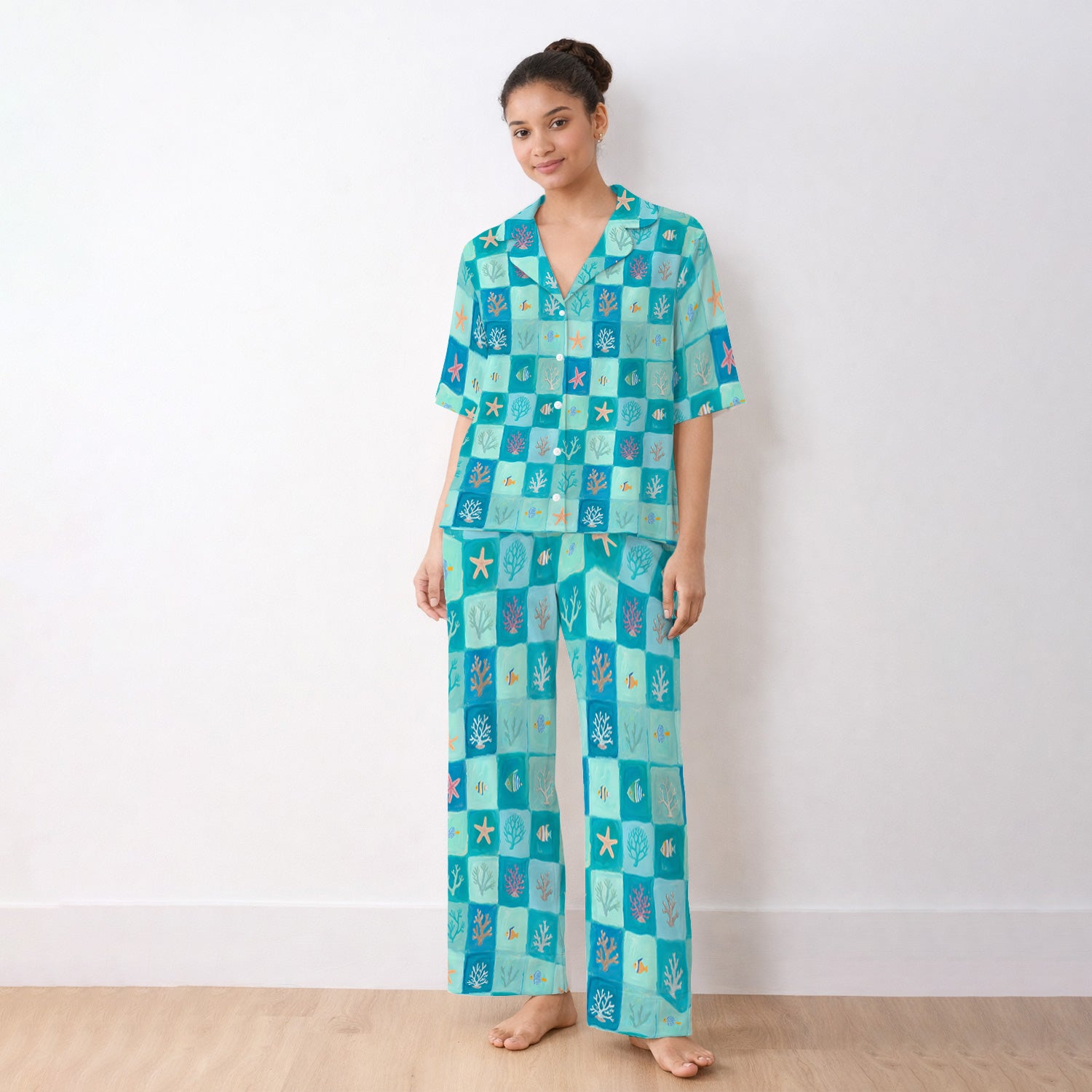 Ocean Coral Fish Starfish Checkered Pattern Pajama Set, Soft Breathable Fabric Comfortable Sleepwear