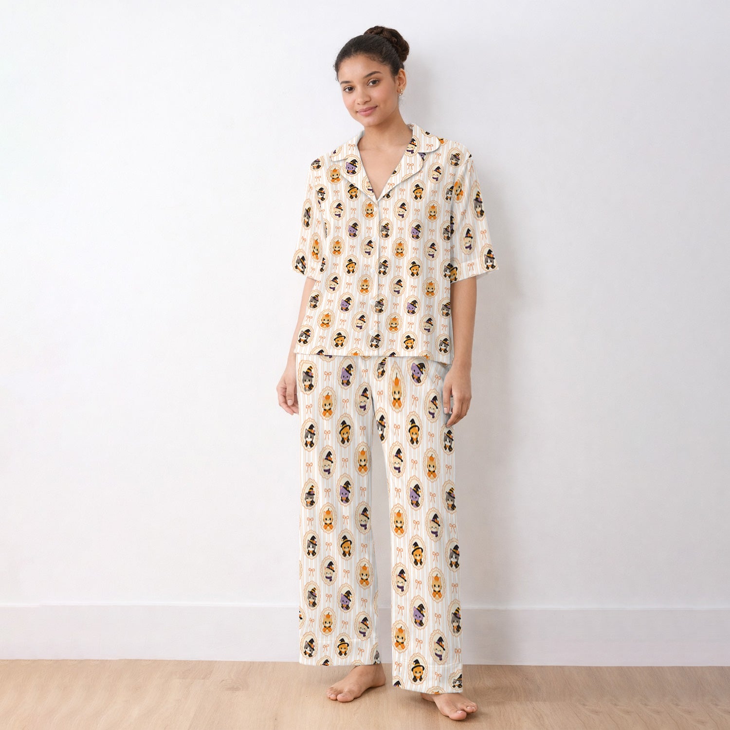 Cute Halloween Cat Stripe Pattern Pajama Set, Soft Breathable Fabric Comfortable Sleepwear