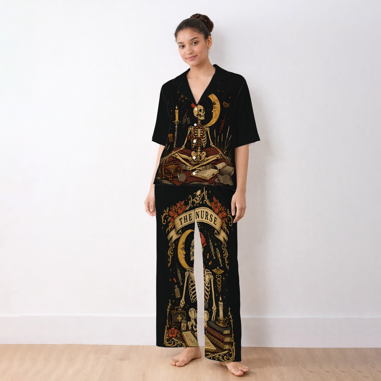 Breast Cancer Skeleton Nurse Pajama Set, Soft Breathable Fabric Comfortable Sleepwear