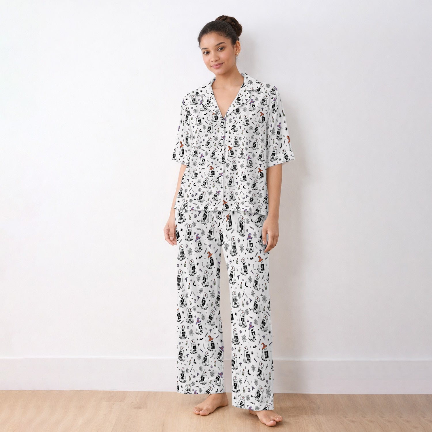 Halloween Ghost Nurses With X-Rays Pajama Set, Soft Breathable Fabric Comfortable Sleepwear