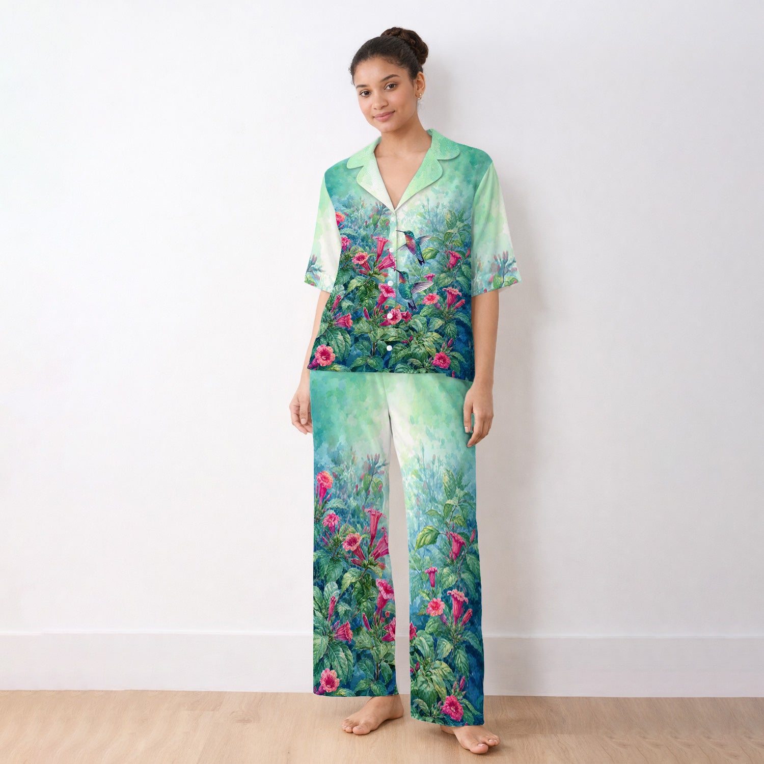 Vintage Hummingbird Floral Garden Pattern Pajama Set, Soft Breathable Fabric Comfortable Sleepwear