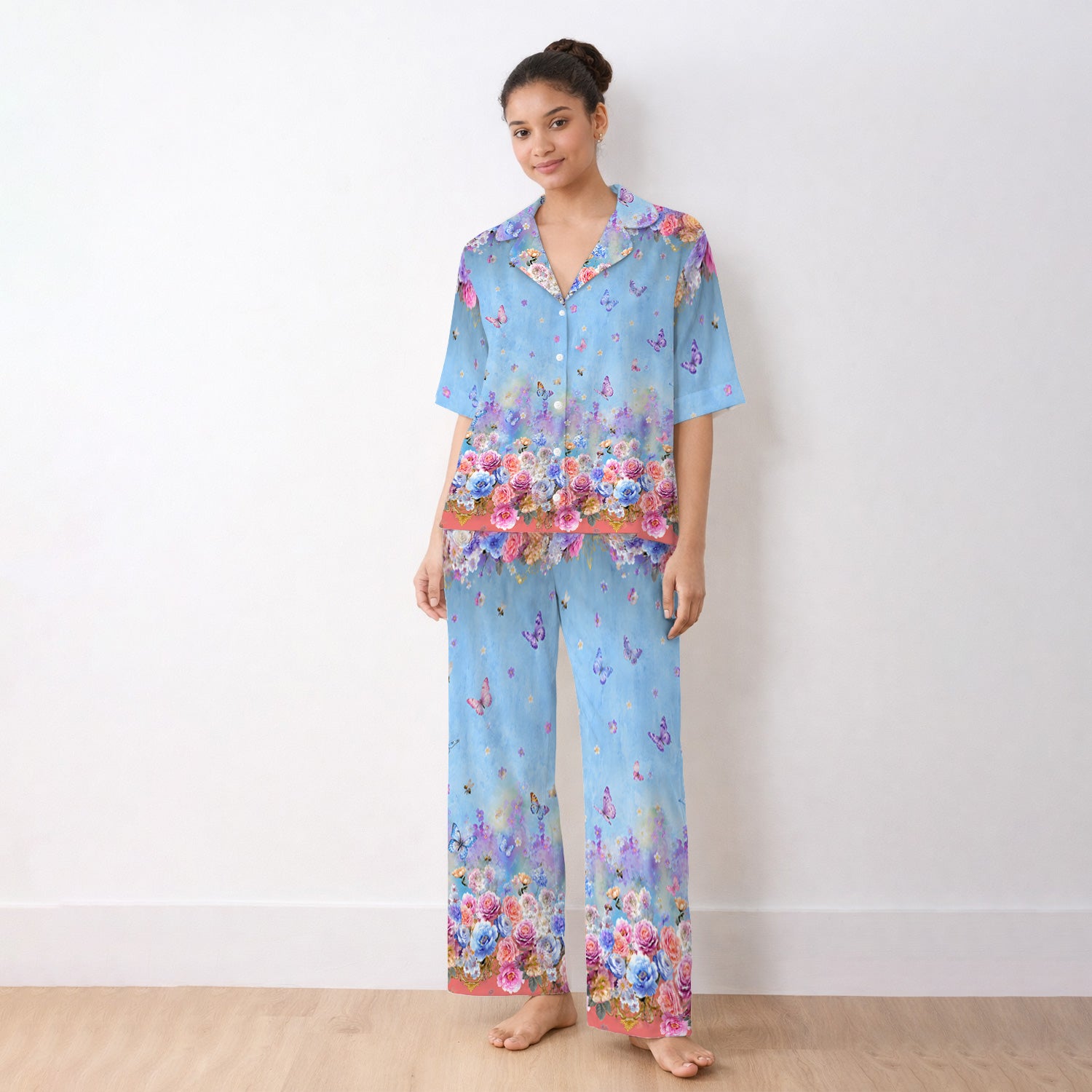 Pastel Flower Garden Print Pajama Set, Soft Breathable Fabric Comfortable Sleepwear