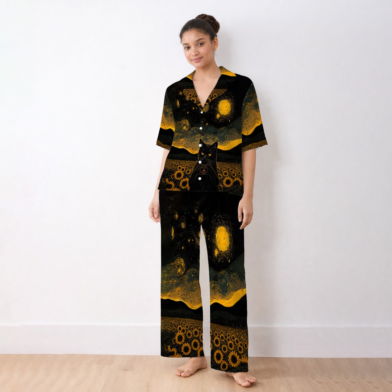 Cute Black Cat Sunflower Night Pattern Pajama Set, Soft Breathable Fabric Comfortable Sleepwear