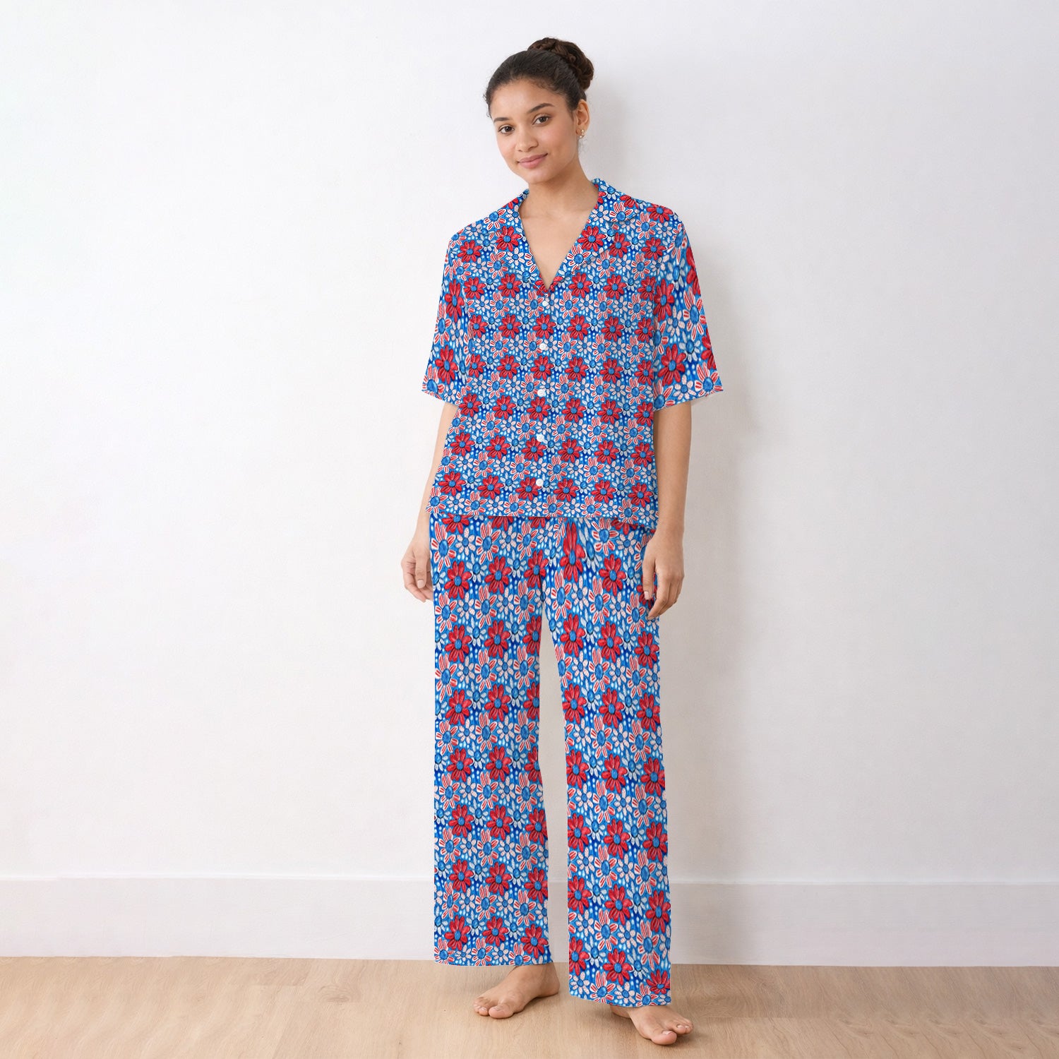 Cute Patriotic Daisy Blossom Repeat Pattern Pajama Set, Soft Breathable Fabric Comfortable Sleepwear
