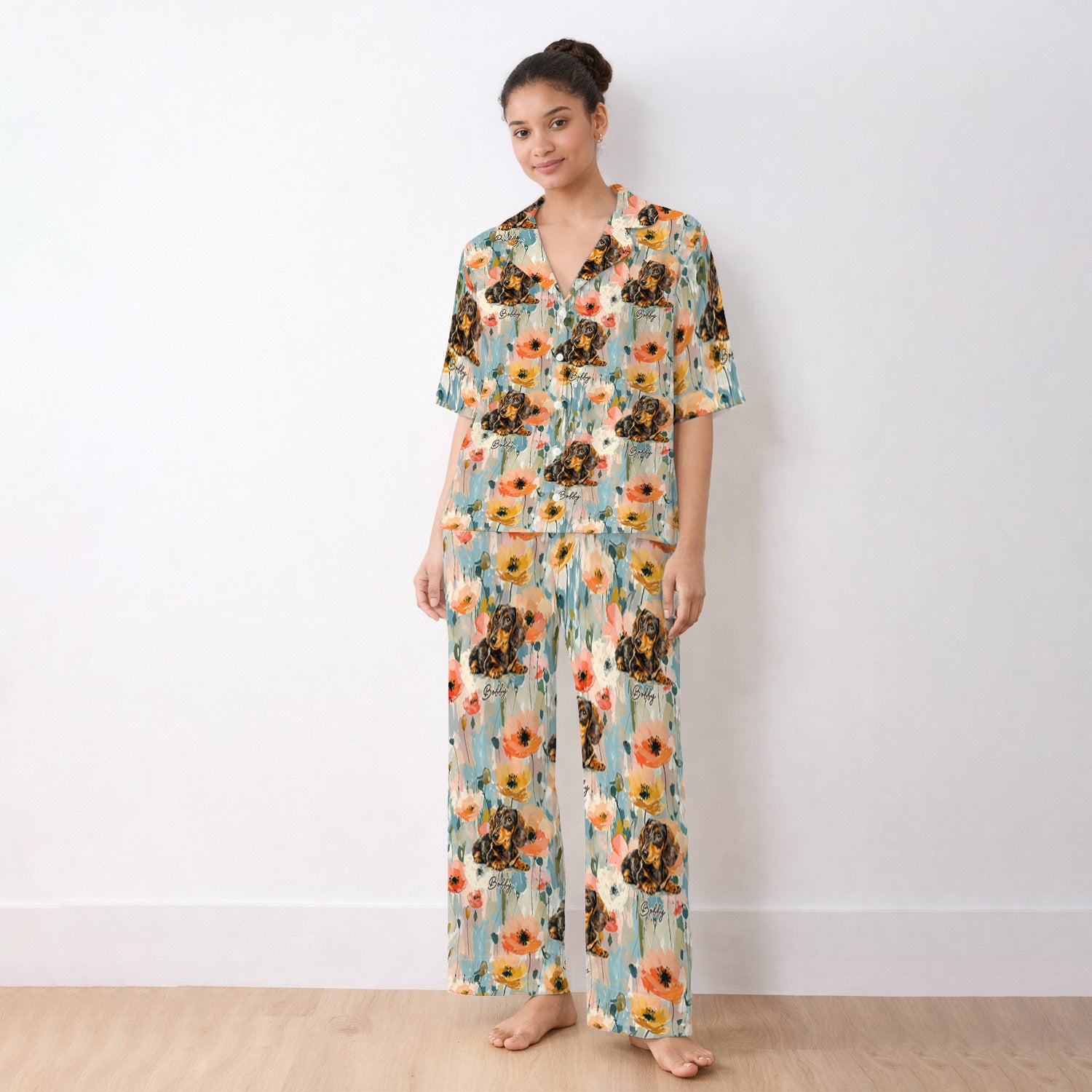 Personalized Dachshund Floral Portrait Pattern Pajama Set, Soft Breathable Fabric Comfortable Sleepwear