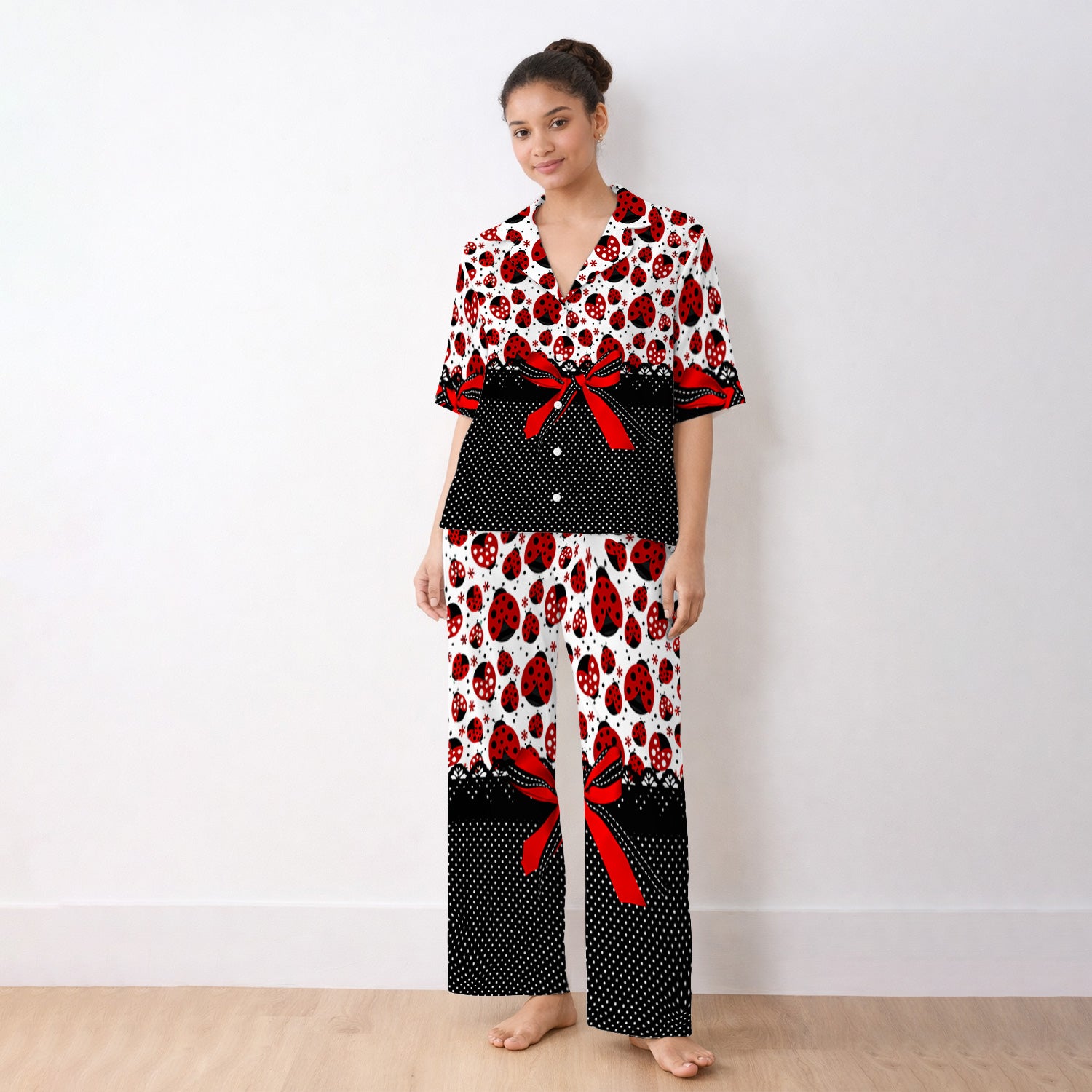 Cute Ladybug Red Ribbon Polka Pattern Pajama Set, Soft Breathable Fabric Comfortable Sleepwear