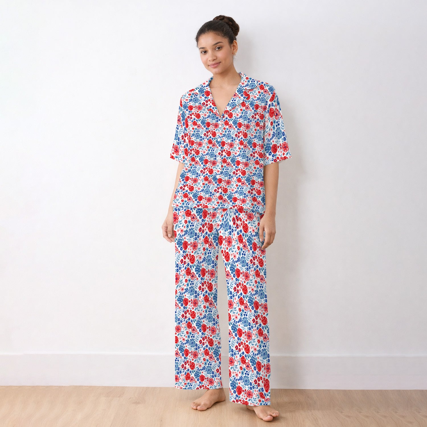 Red Blue Floral Garden Blossom Pattern Pajama Set, Soft Breathable Fabric Comfortable Sleepwear
