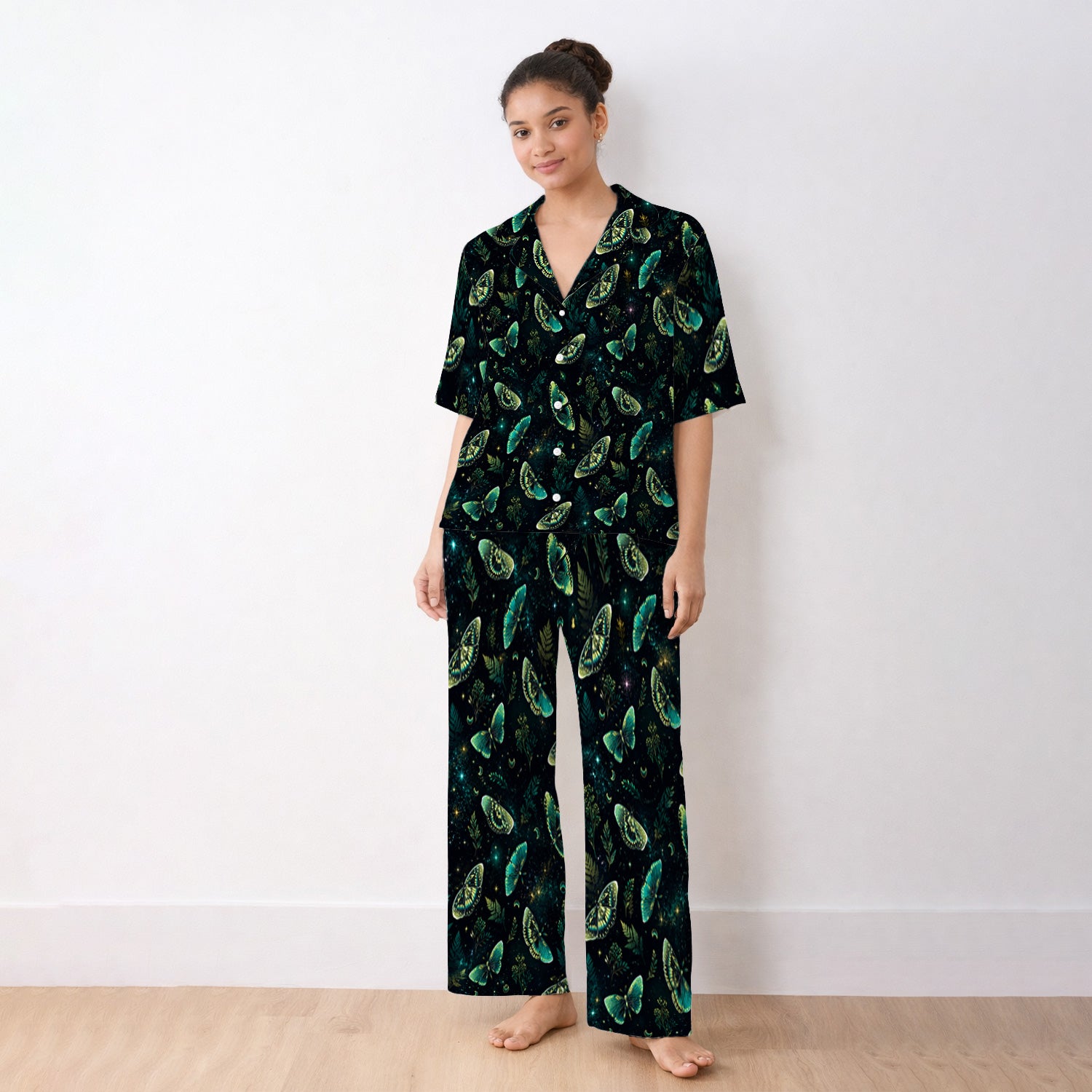 Mystical Moonlight Butterfly Garden Pattern Pajama Set, Soft Breathable Fabric Comfortable Sleepwear