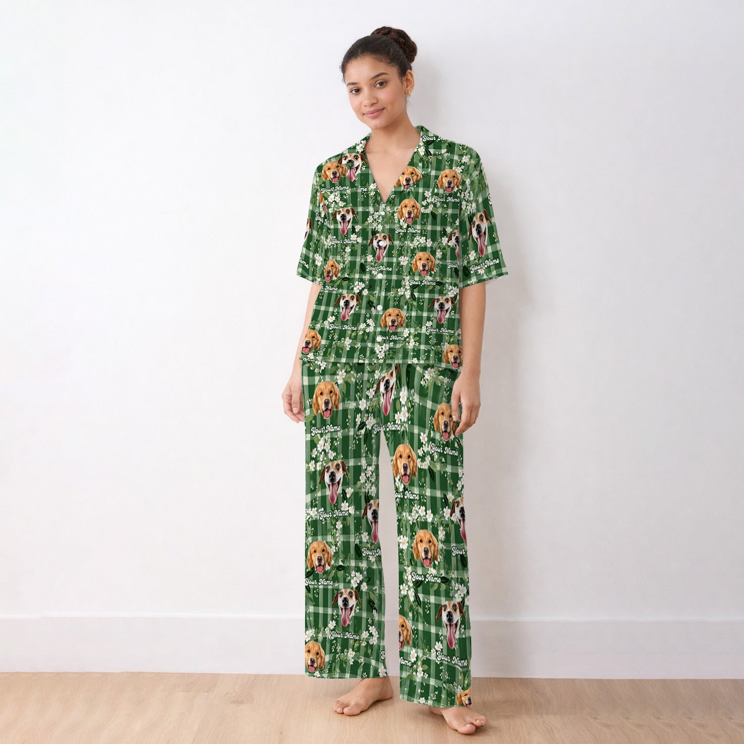 Custom Dog Face Pajama Set, Dog Green Plaid Floral Pattern, Soft Breathable Fabric Comfortable Sleepwear