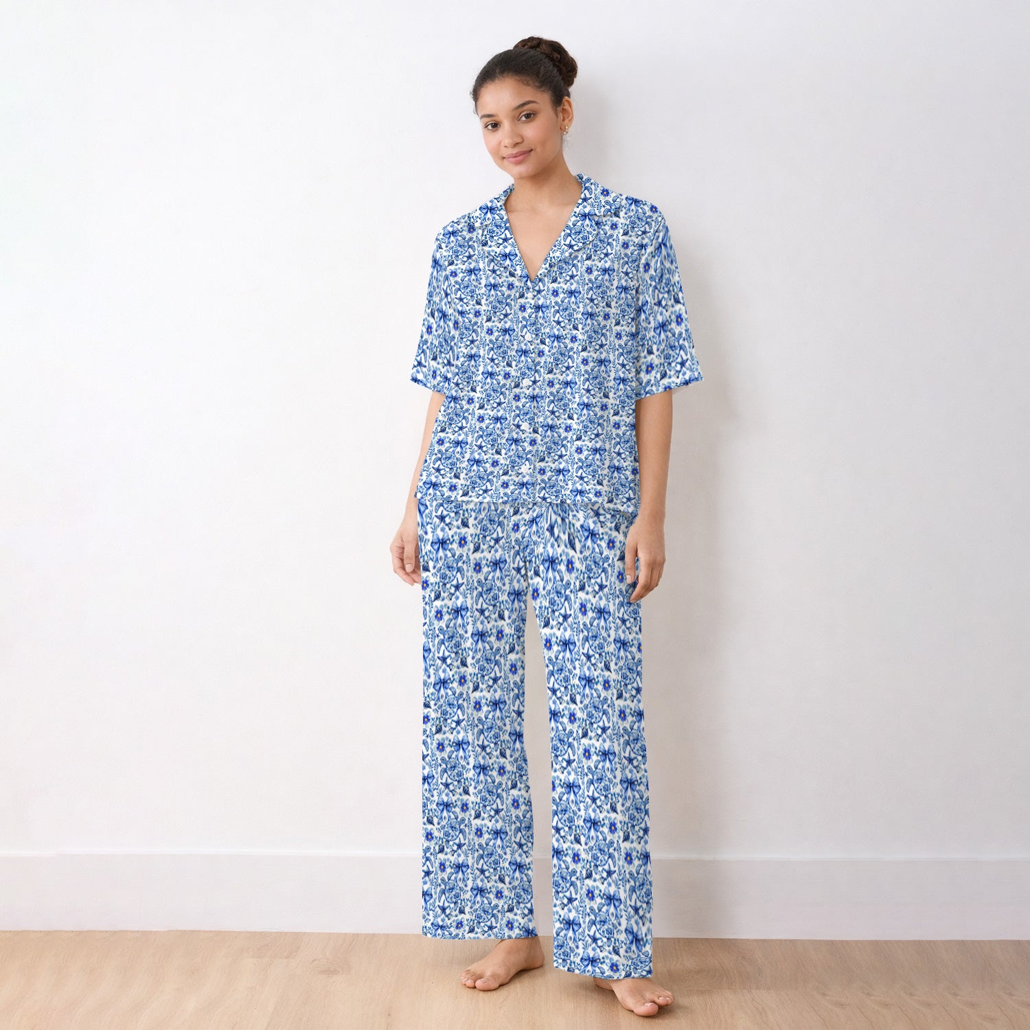 Cute Coastal Turtle Bow Pattern Pajama Set, Soft Breathable Fabric Comfortable Sleepwear