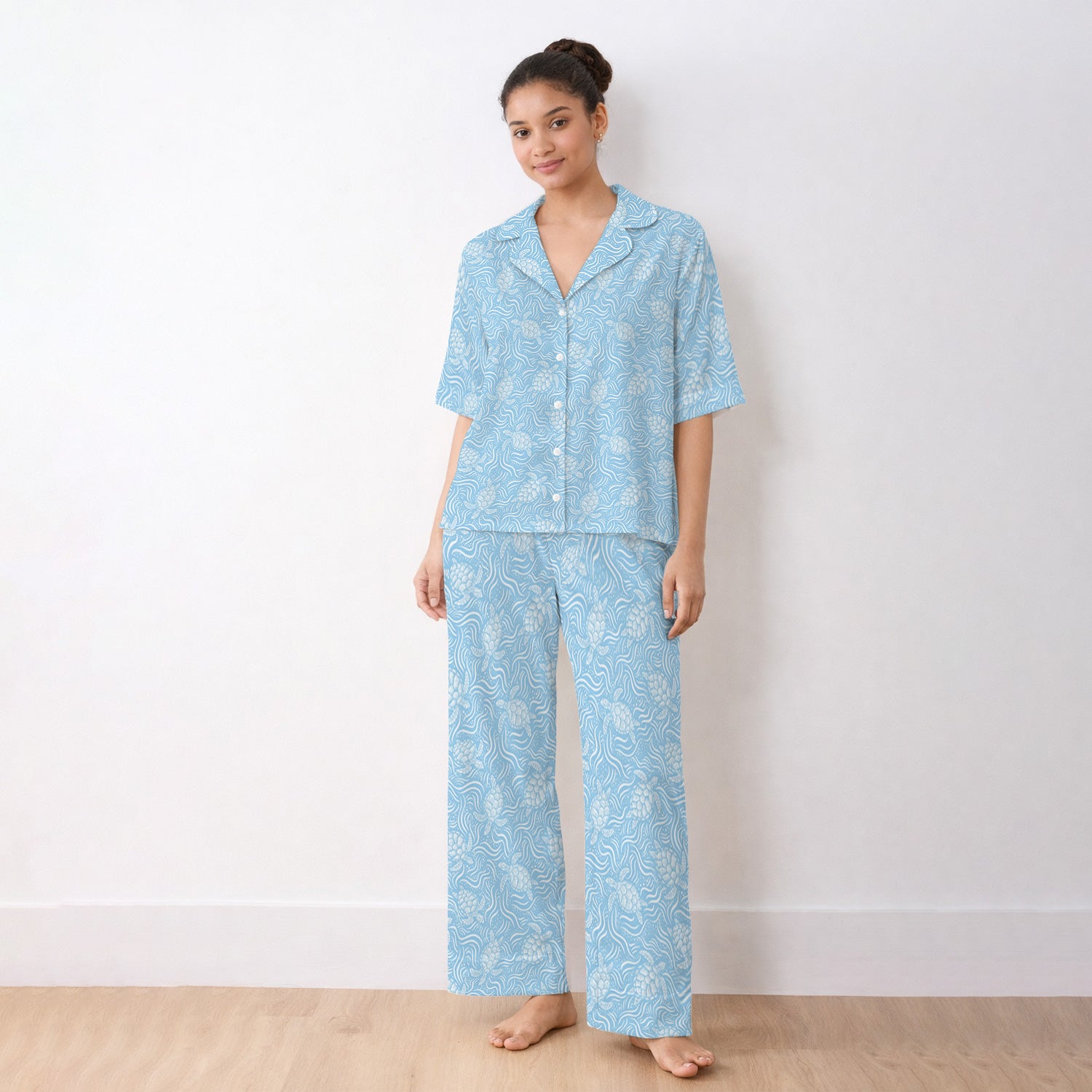 Cute Ocean Sea Turtle Waves Pattern Pajama Set, Soft Breathable Fabric Comfortable Sleepwear