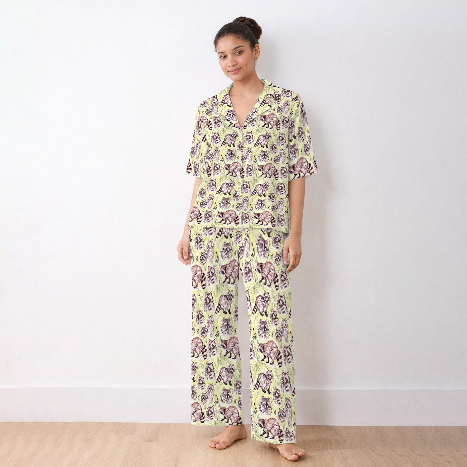 Cute Woodland Raccoon Forest Animal Pattern Pajama Set, Soft Breathable Fabric Comfortable Sleepwear