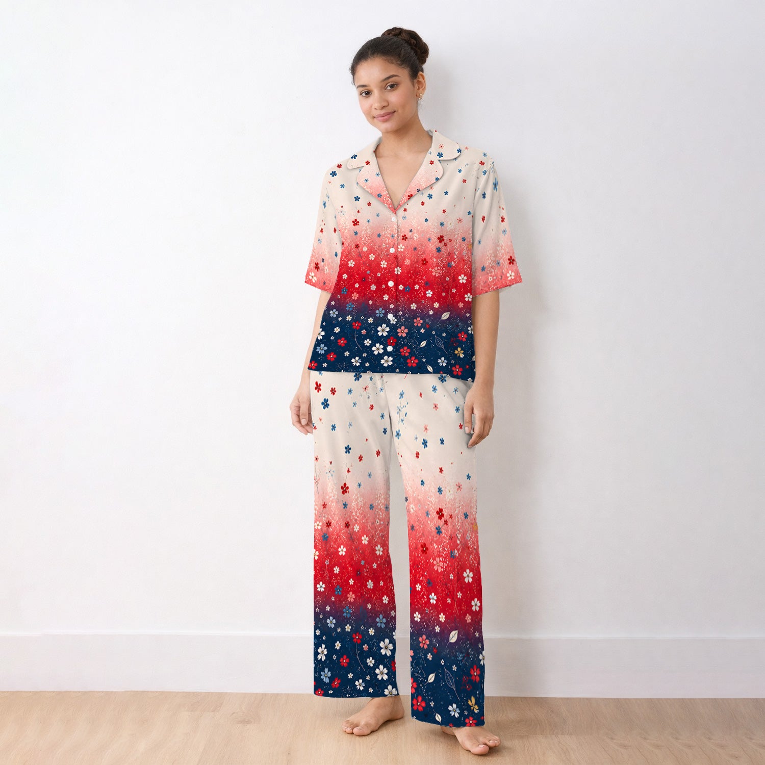 Patriotic Red White Blue Floral Ombre Print Pajama Set, Soft Breathable Fabric Comfortable Sleepwear