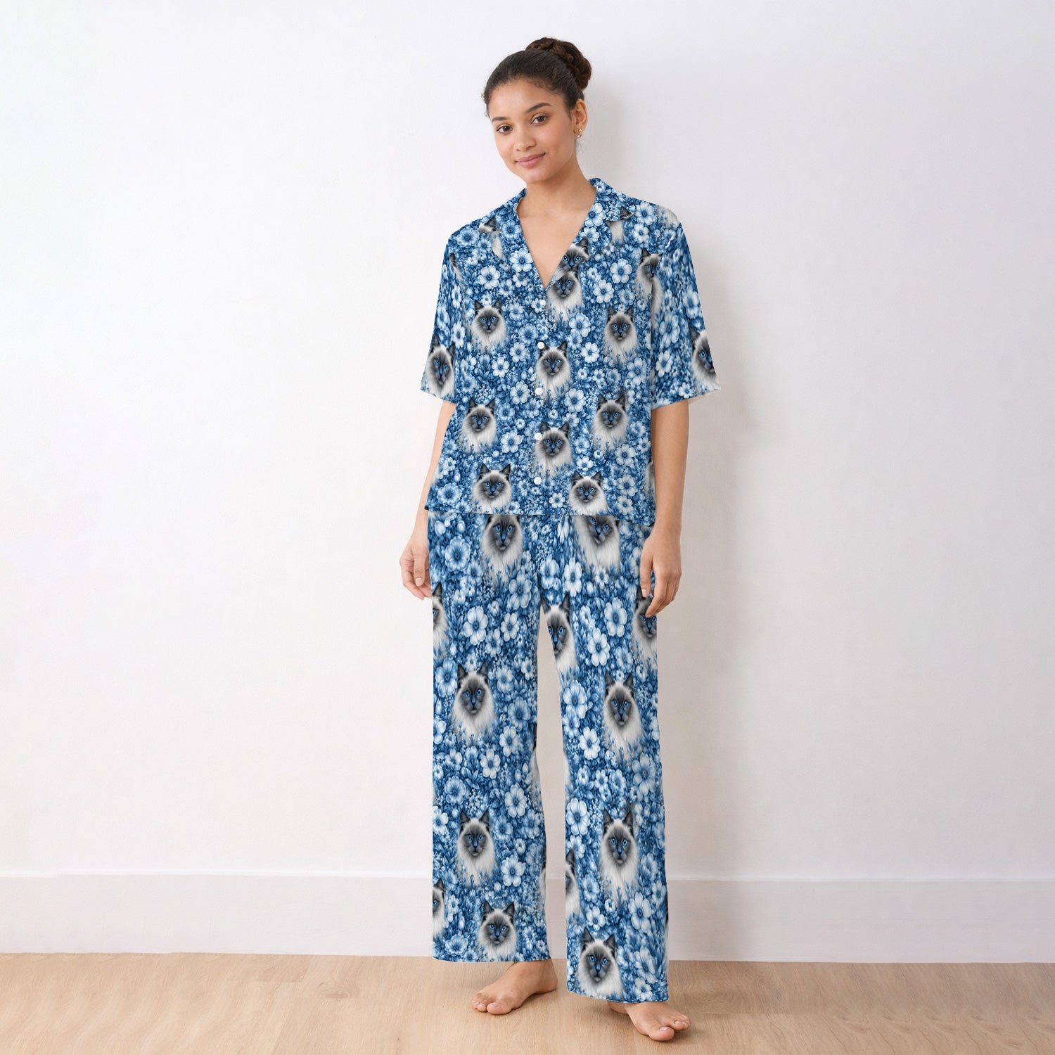 Blue Floral Ragdoll Cat Pattern Pajama Set, Soft Breathable Fabric Comfortable Sleepwear