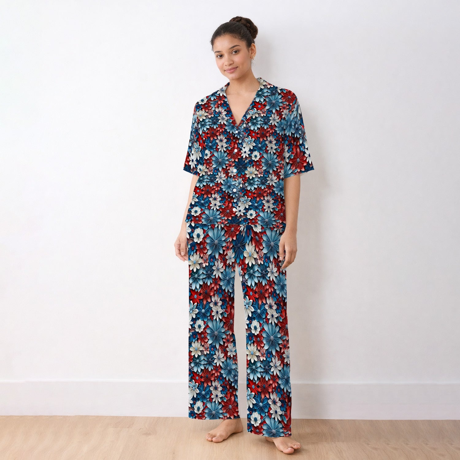 Patriotic 3D Floral Nurse for RN & CNA, Red Blue White Healthcare Workers Uniform Pajama Set, Soft Breathable Fabric Comfortable Sleepwear