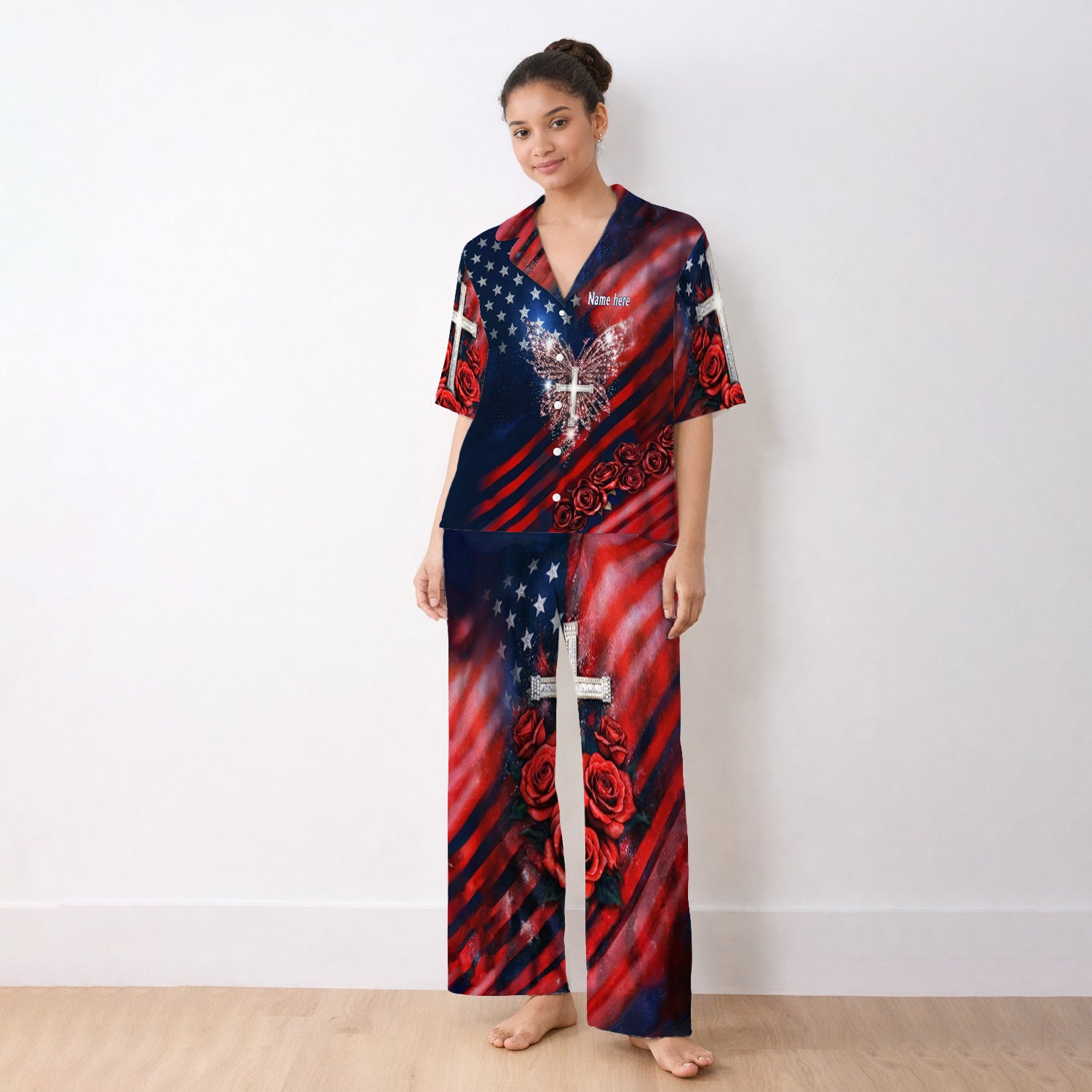 Custom Name Patriotic Cross Butterfly Rose Print Pajama Set, Soft Breathable Fabric Comfortable Sleepwear