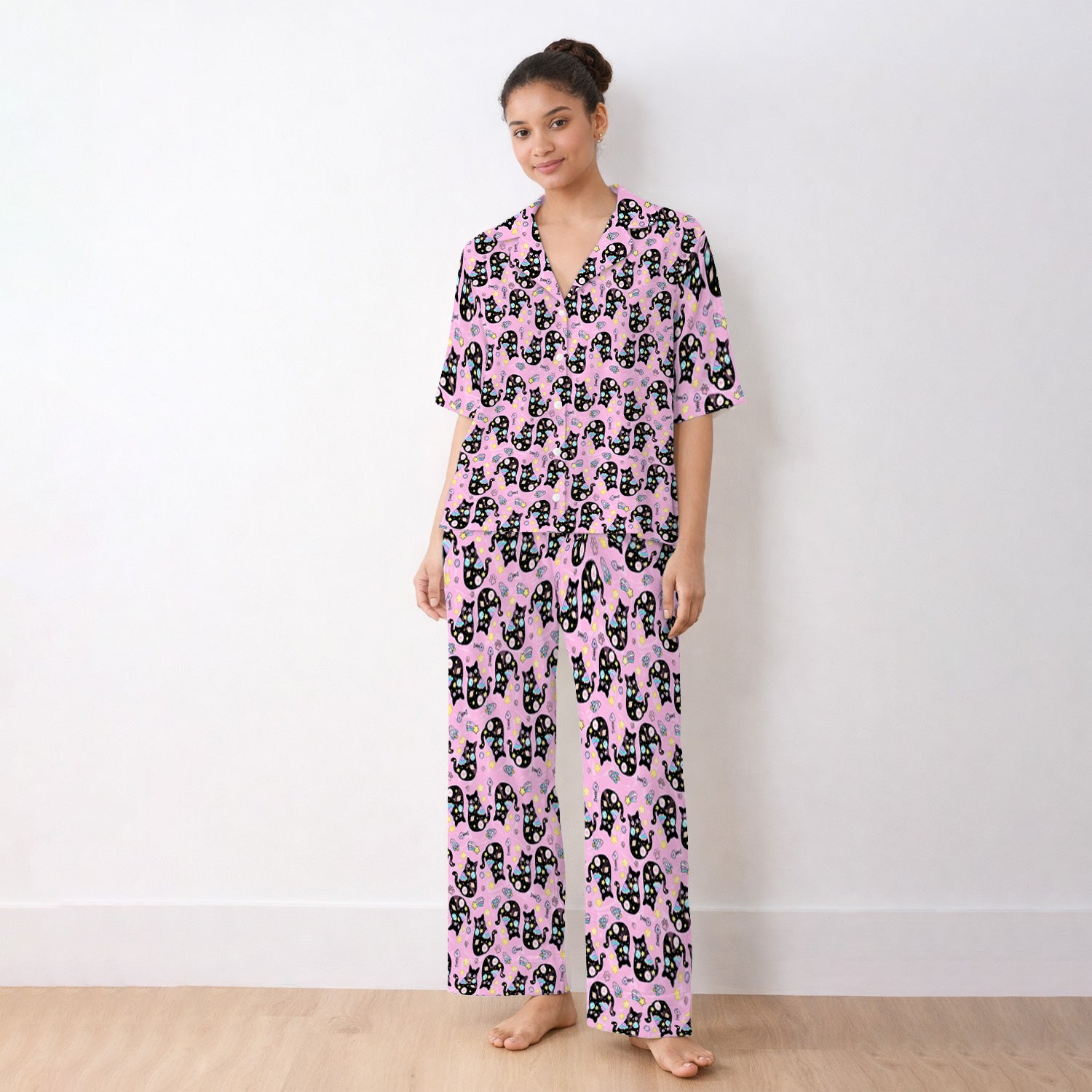Galaxy Black Cat Space Pattern Pajama Set, Breathable Fabrics Uniform