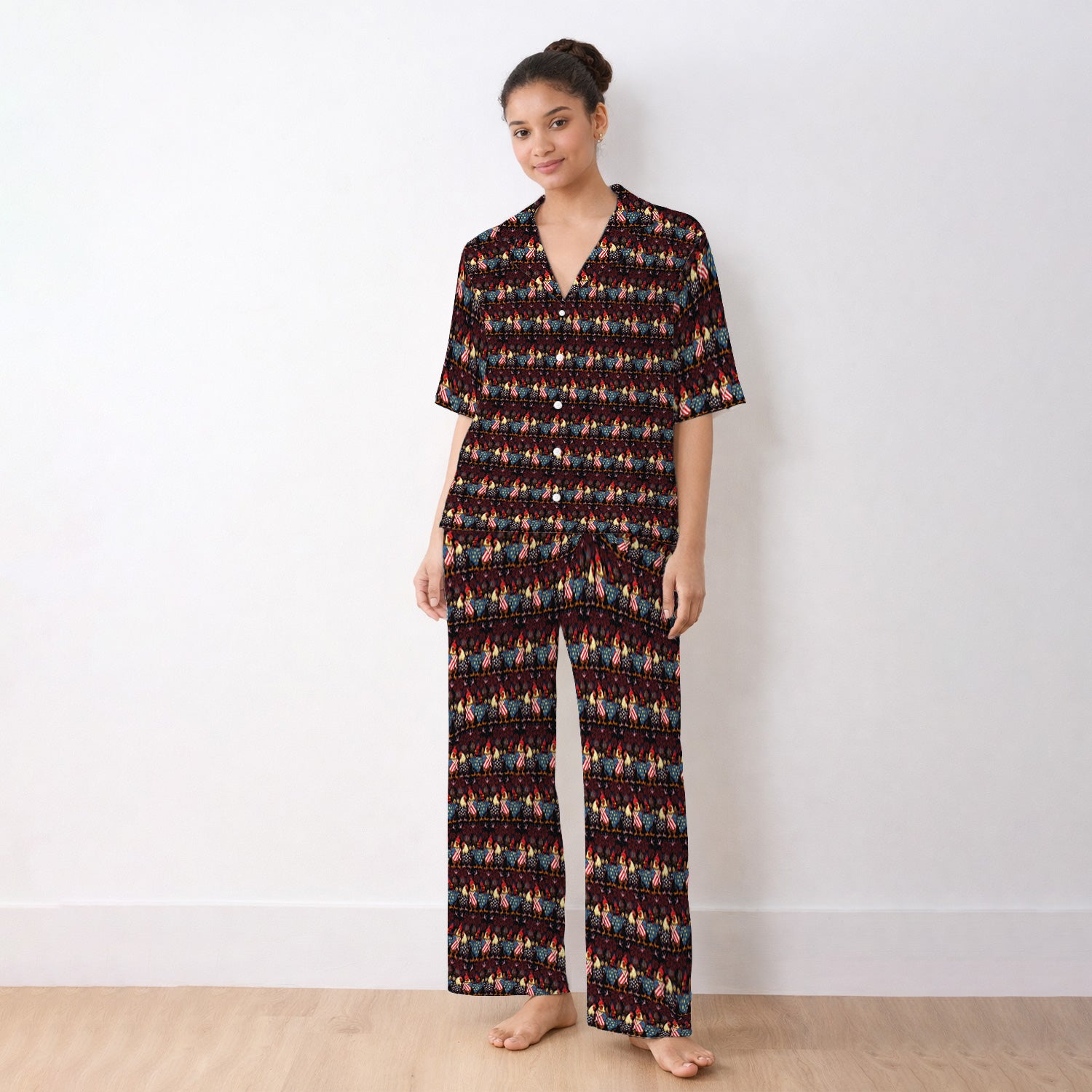 Patriotic Rooster Fireworks Pattern Pajama Set, Breathable Fabrics Uniform