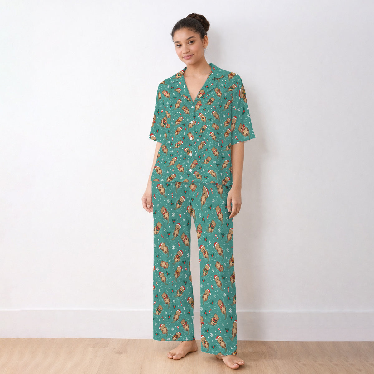 Christmas Sea Otters And Gifts Pajama Set, Soft Breathable Fabric Comfortable Sleepwear