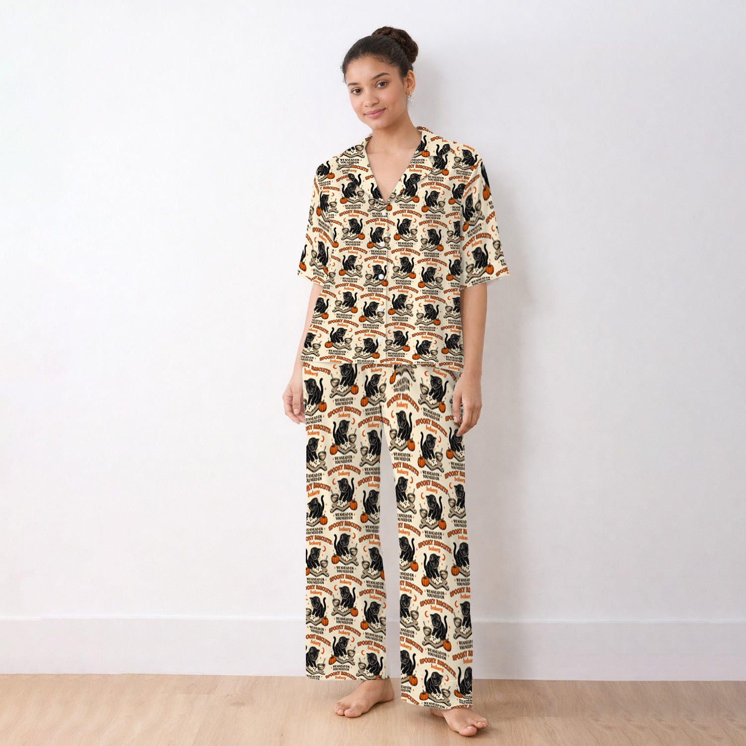 Funny Halloween Black Cat Pajama Set, Soft Breathable Fabric Comfortable Sleepwear