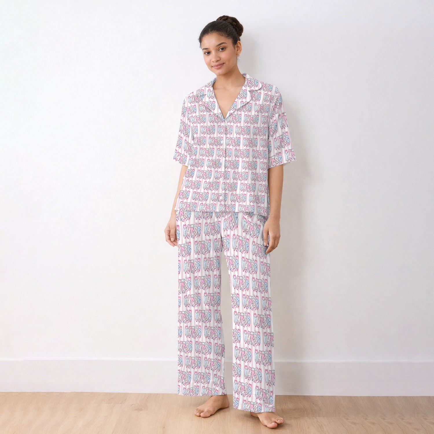 Cute Pastel Nurse Pattern Pajama Set, Breathable Fabrics Uniform