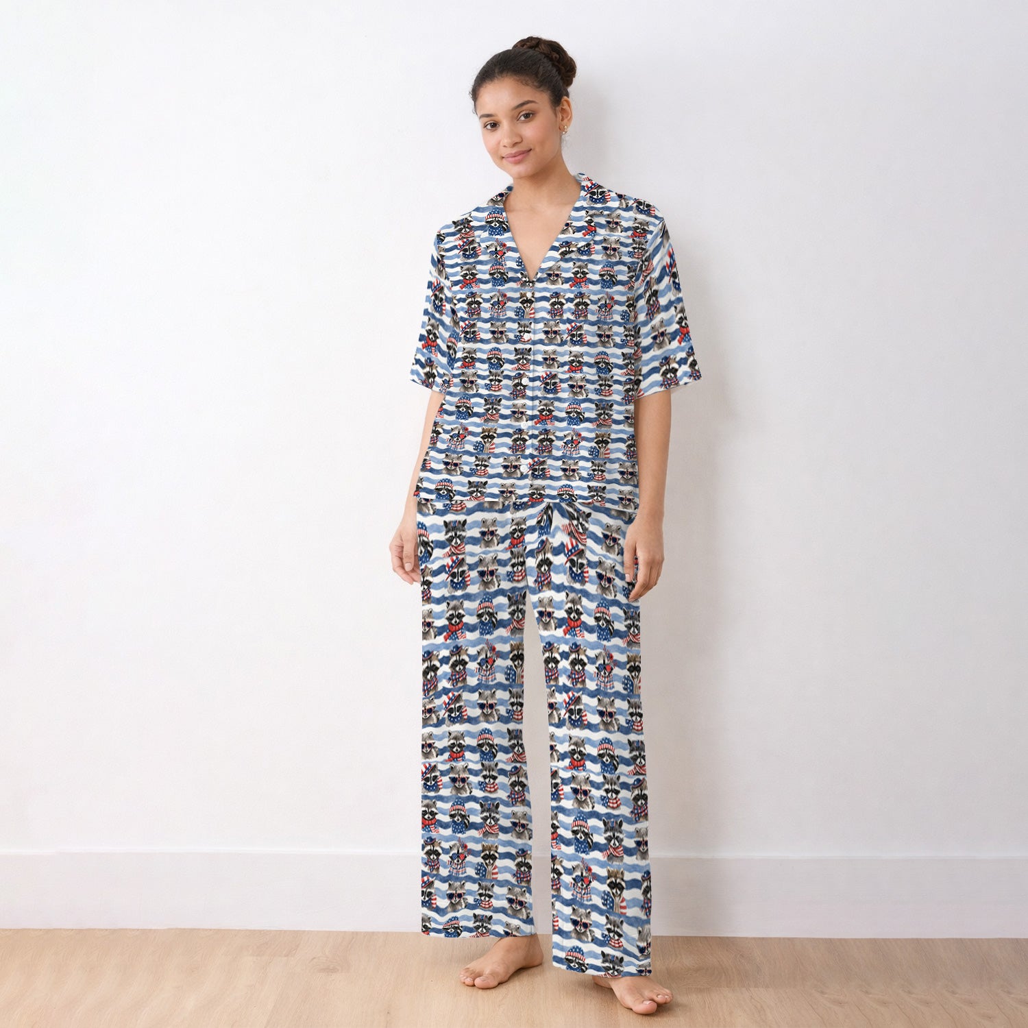 Patriotic Raccoon Watercolor Stripe Pattern Pajama Set, Soft Breathable Fabric Comfortable Sleepwear