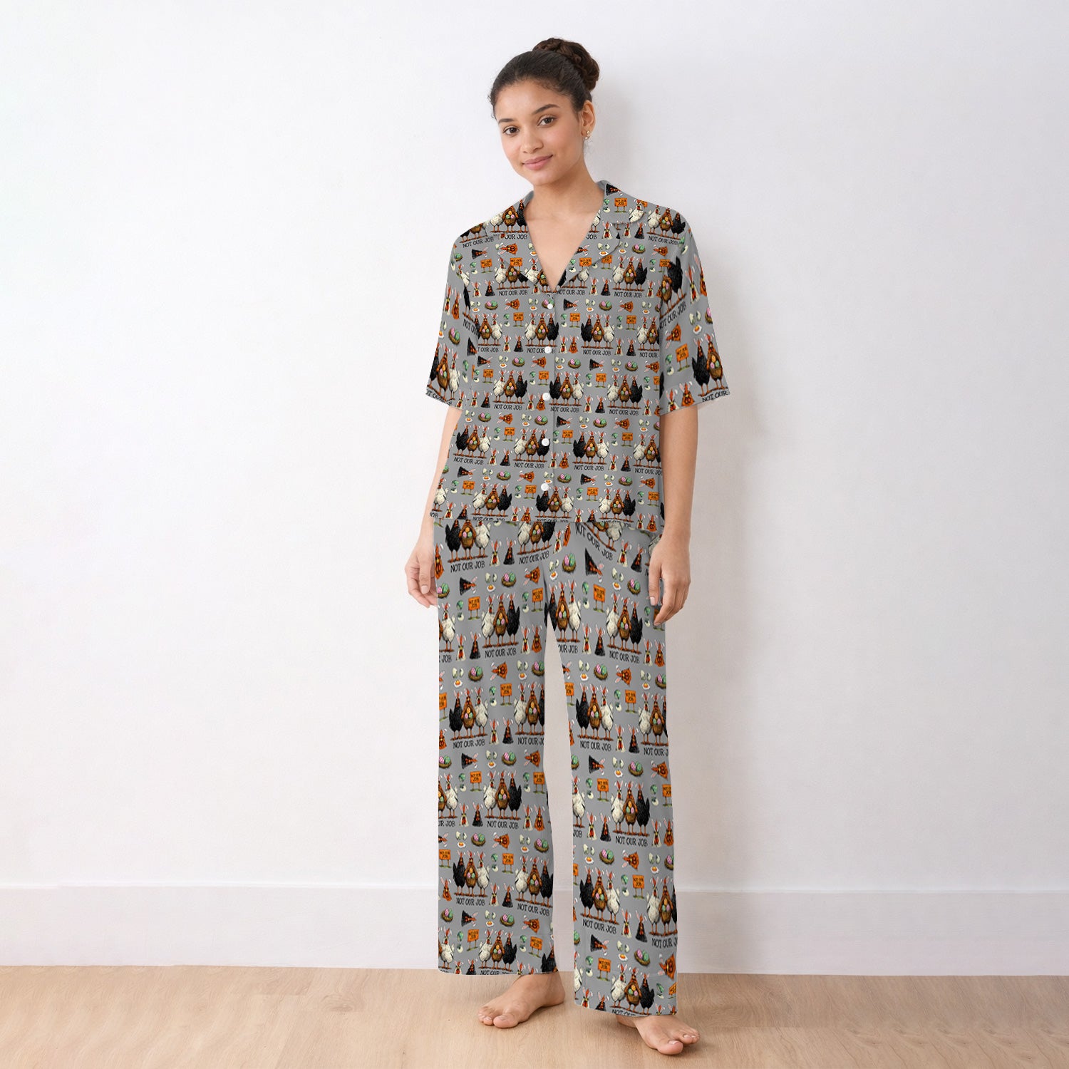 Funny Easter Chicken Humor Pattern Pajama Set, Breathable Fabrics Uniform