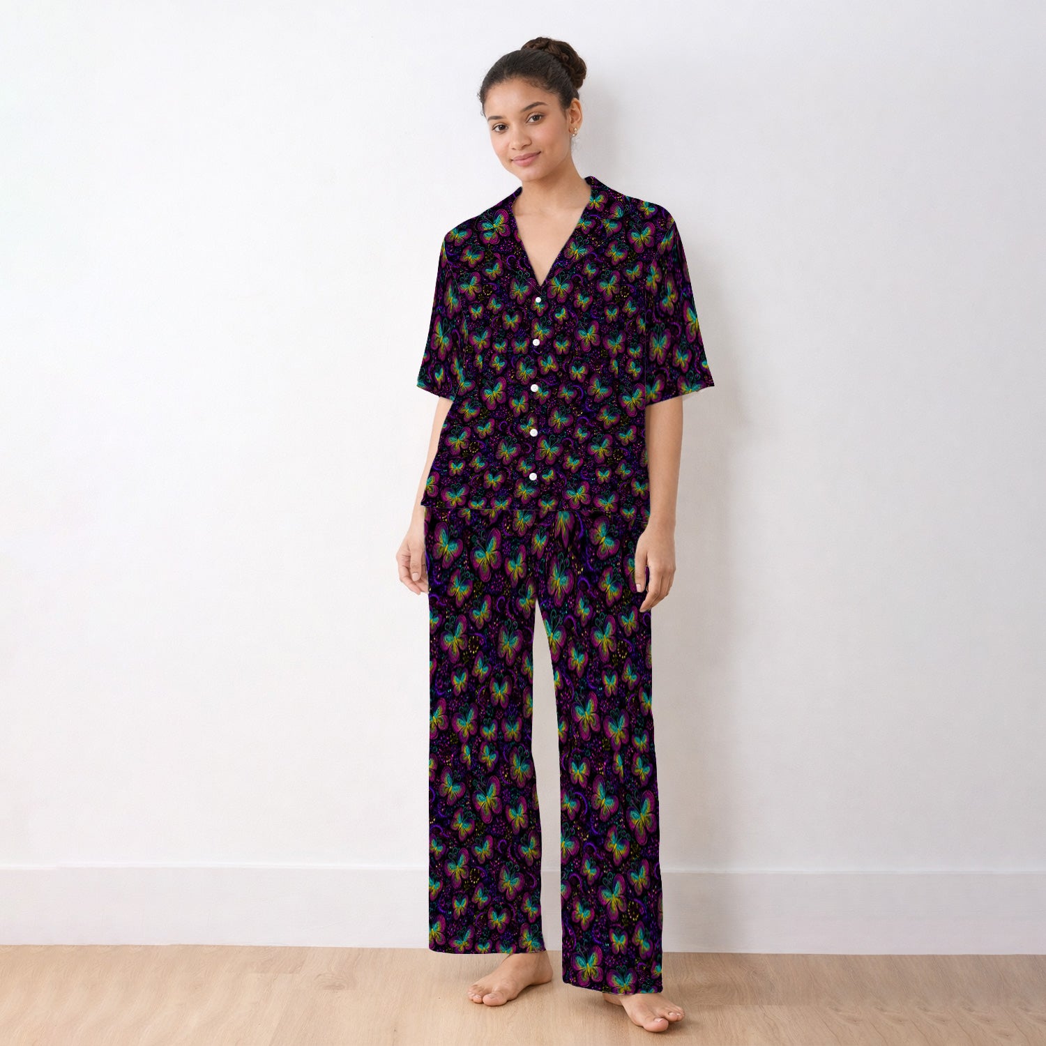 Cute Neon Butterfly Swirl Pattern Pajama Set, Soft Breathable Fabric Comfortable Sleepwear