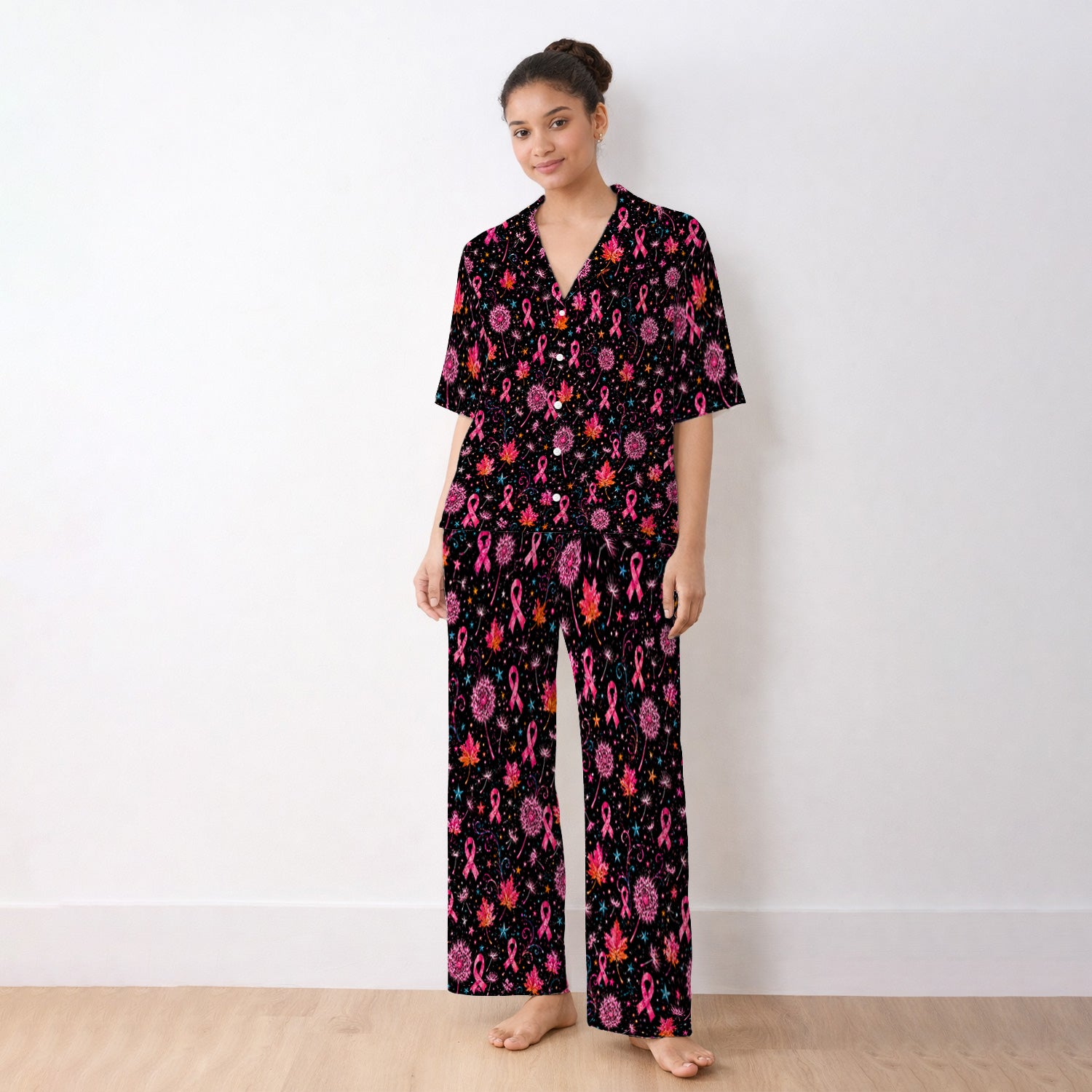 Breast Cancer Awareness Pink Ribbon Fall Pajama Set, Soft Breathable Fabric Comfortable Sleepwear