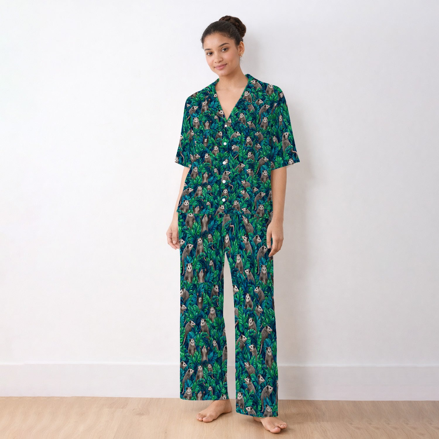 Tropical Opossum Jungle Leaves Pattern Pajama Set, Soft Breathable Fabric Comfortable Sleepwear