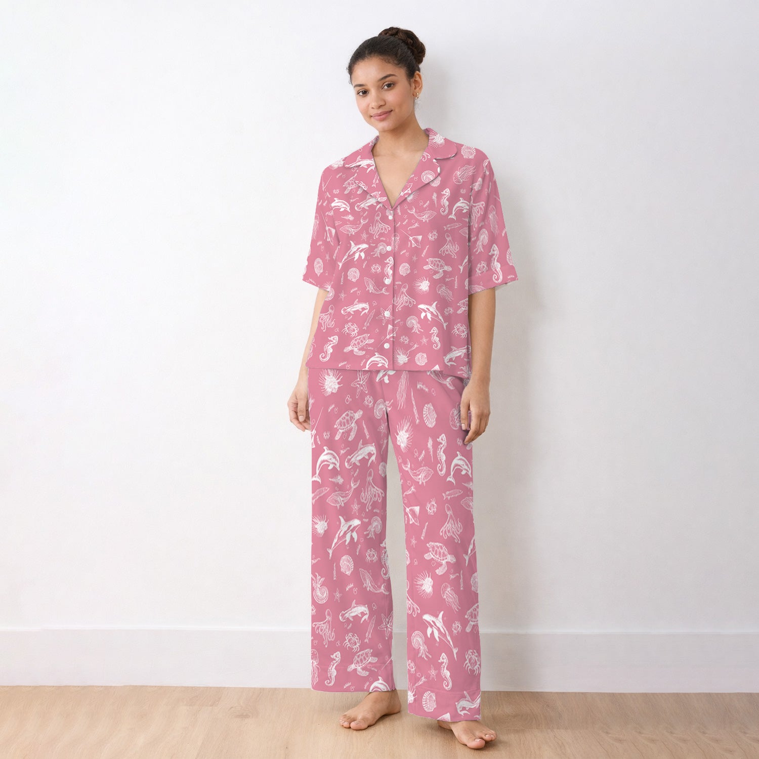 Marine Sea Life Pattern Pajama Set, Breathable Fabrics Uniform