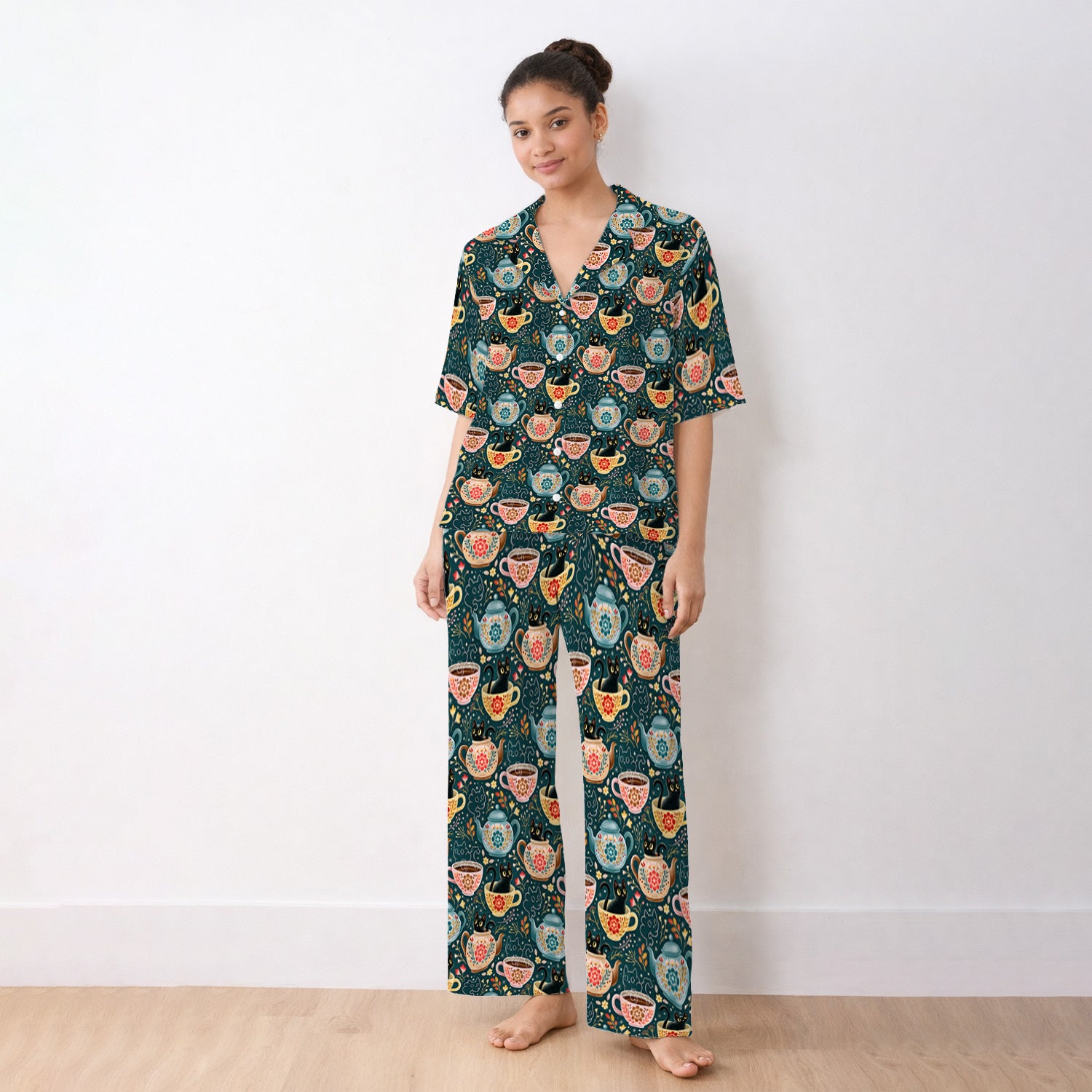Black Cat Tea Party Veterinary Pattern Pajama Set, Soft Breathable Fabric Comfortable Sleepwear