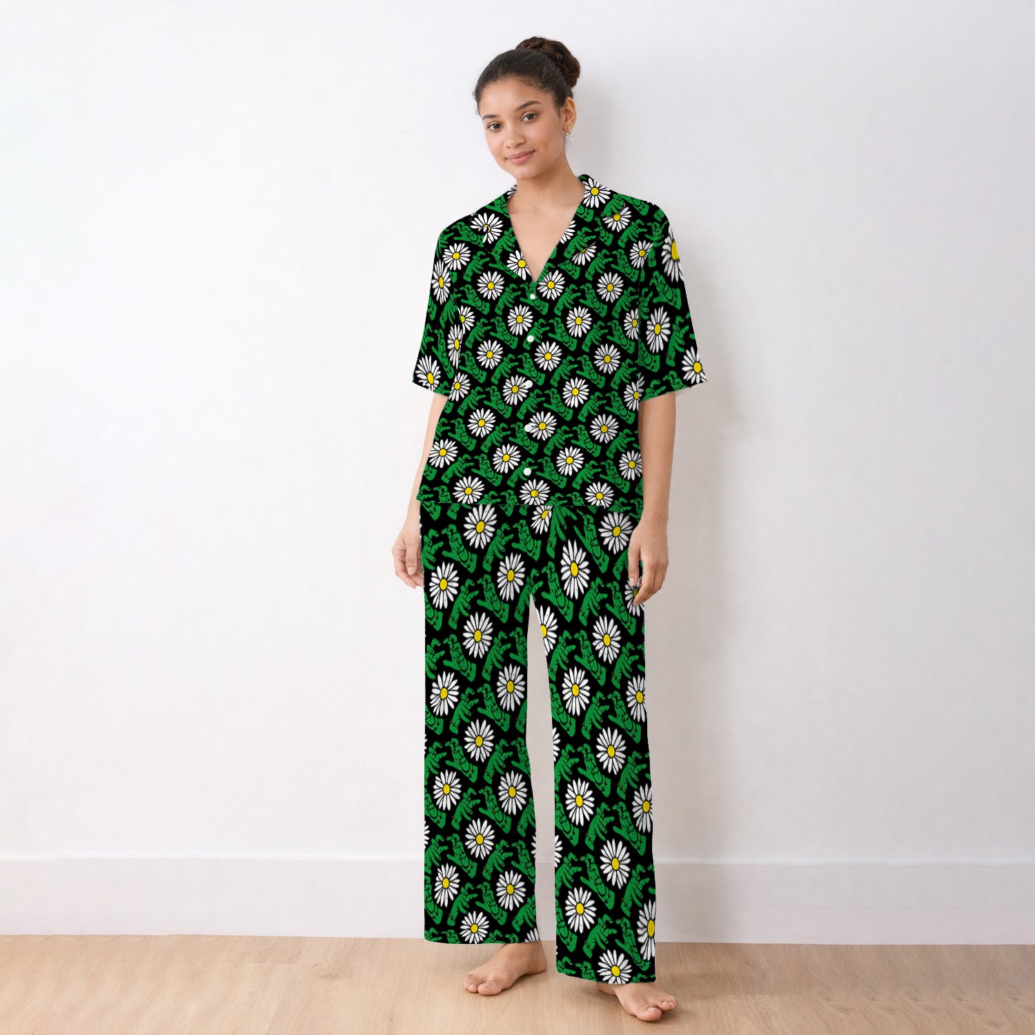 Halloween Monster And Daisies Pajama Set, Soft Breathable Fabric Comfortable Sleepwear