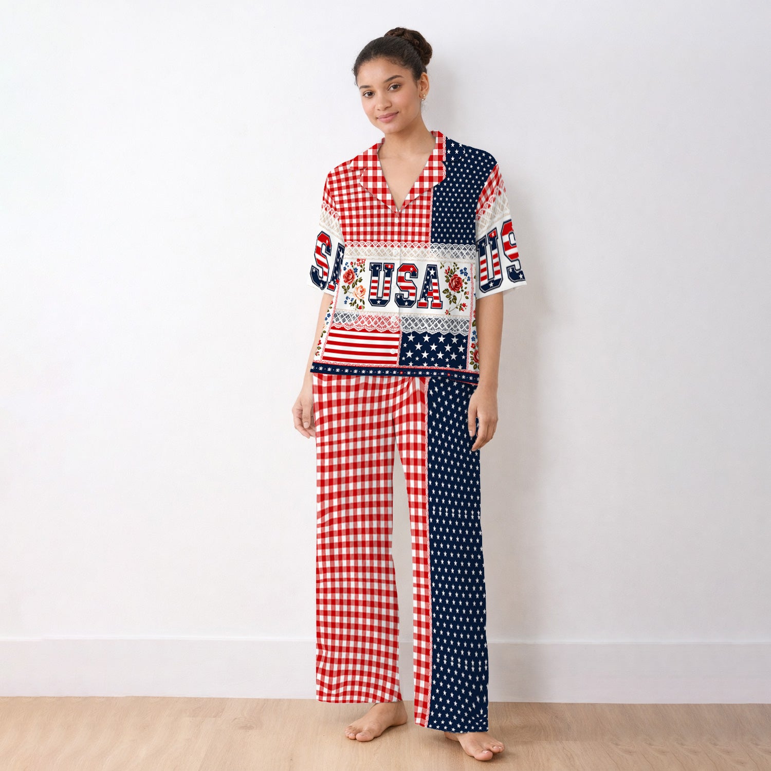 Patriotic Patchwork with USA Flag Pattern Pajama Set, Soft Breathable Fabric Comfortable Sleepwear