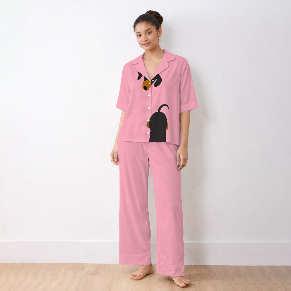 Cute Peekaboo Dachshund Dog Pajama Set, Soft Breathable Fabric Comfortable Sleepwear