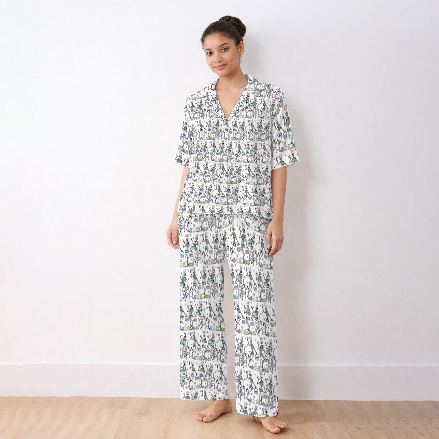 Fun Skeleton Bunny Easter Print Pajama Set, Breathable Fabrics Uniform