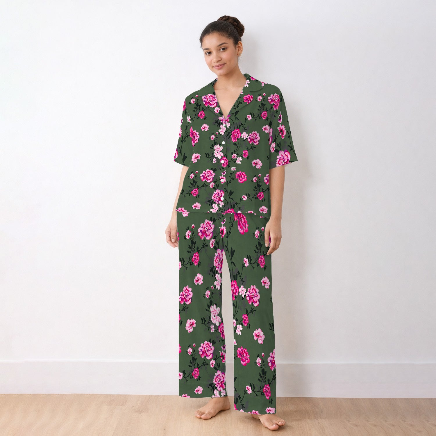 Pink Floral Blossom Pattern Pajama Set, Soft Breathable Fabric Comfortable Sleepwear