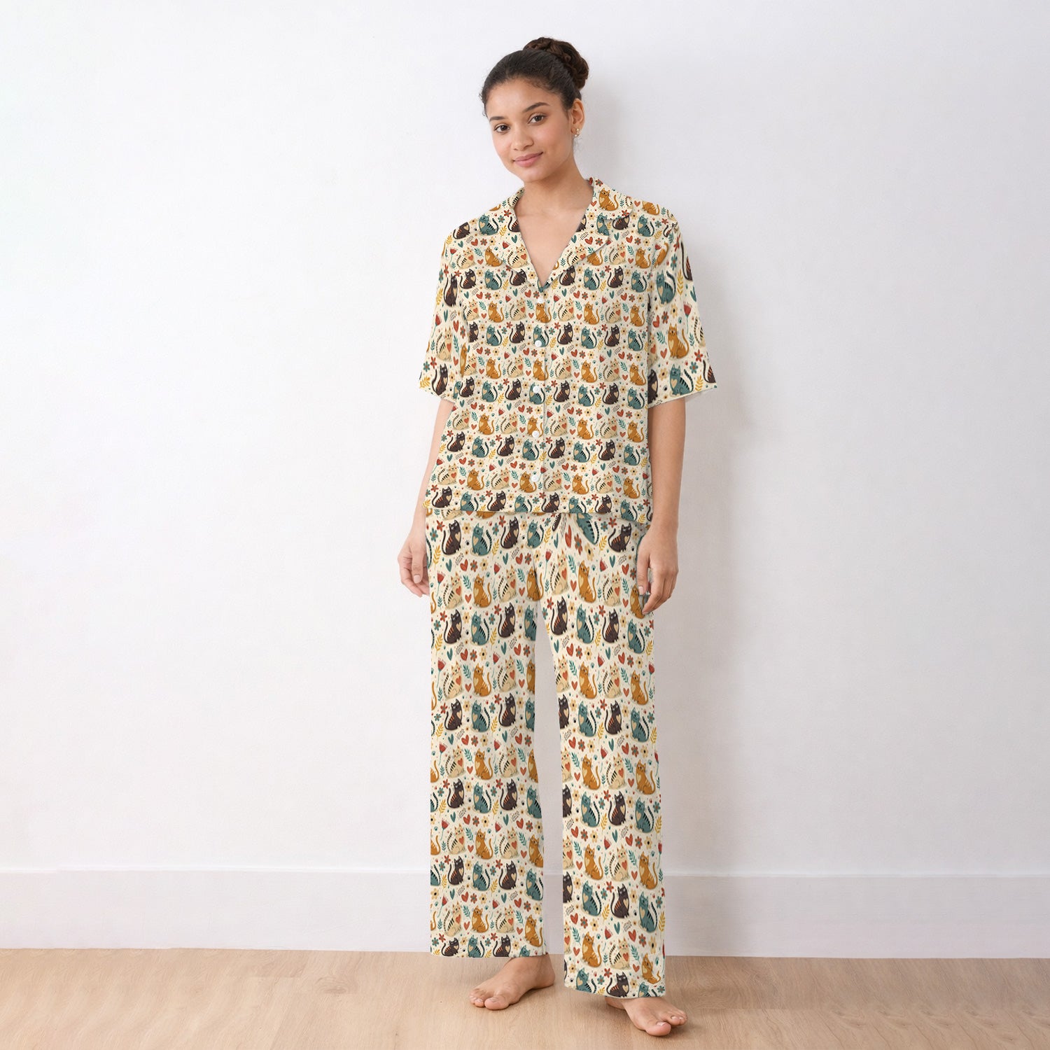 Cute Cat Print Pajama Set, Soft Breathable Fabric Comfortable Sleepwear