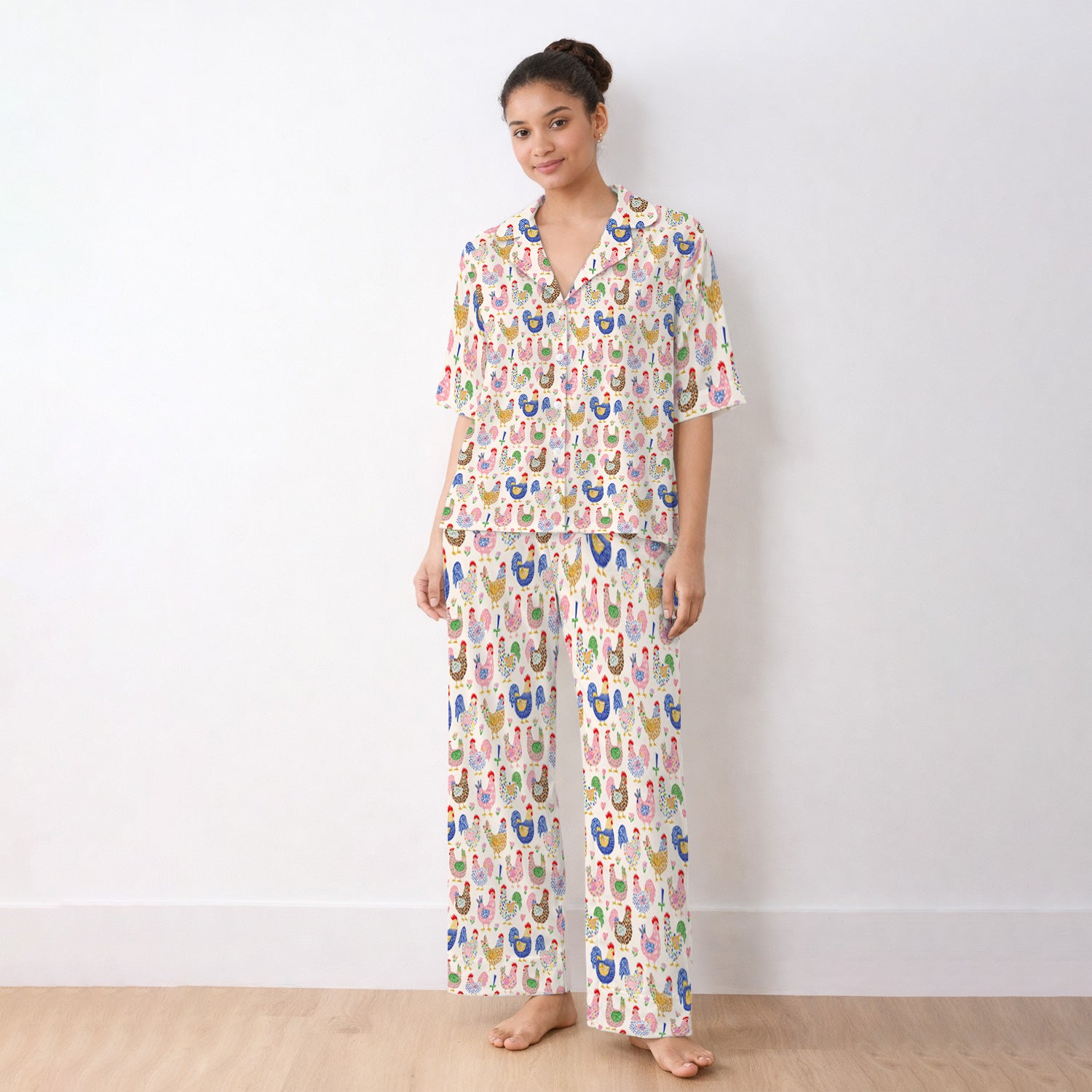Colorful Chicken Farm Print Pajama Set, Soft Breathable Fabric Comfortable Sleepwear