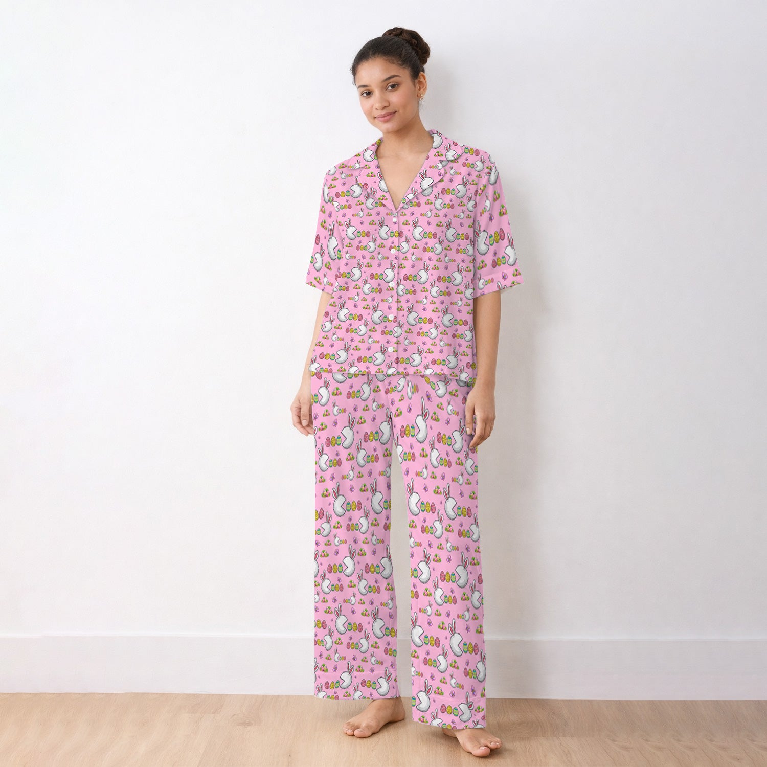 Easter Bunny and Colorful Eggs Print  Pajama Set, Breathable Fabrics Uniform