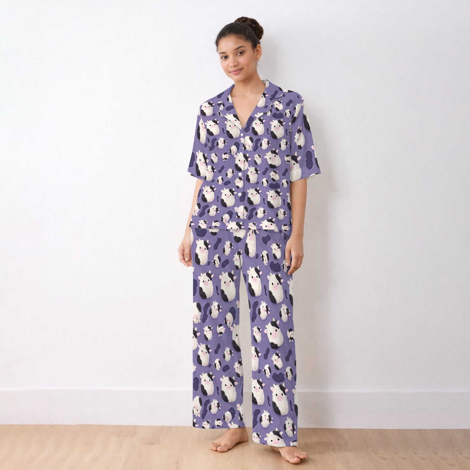 Cute Cartoon Pig Pattern Pajama Set, Soft Breathable Fabric Comfortable Sleepwear