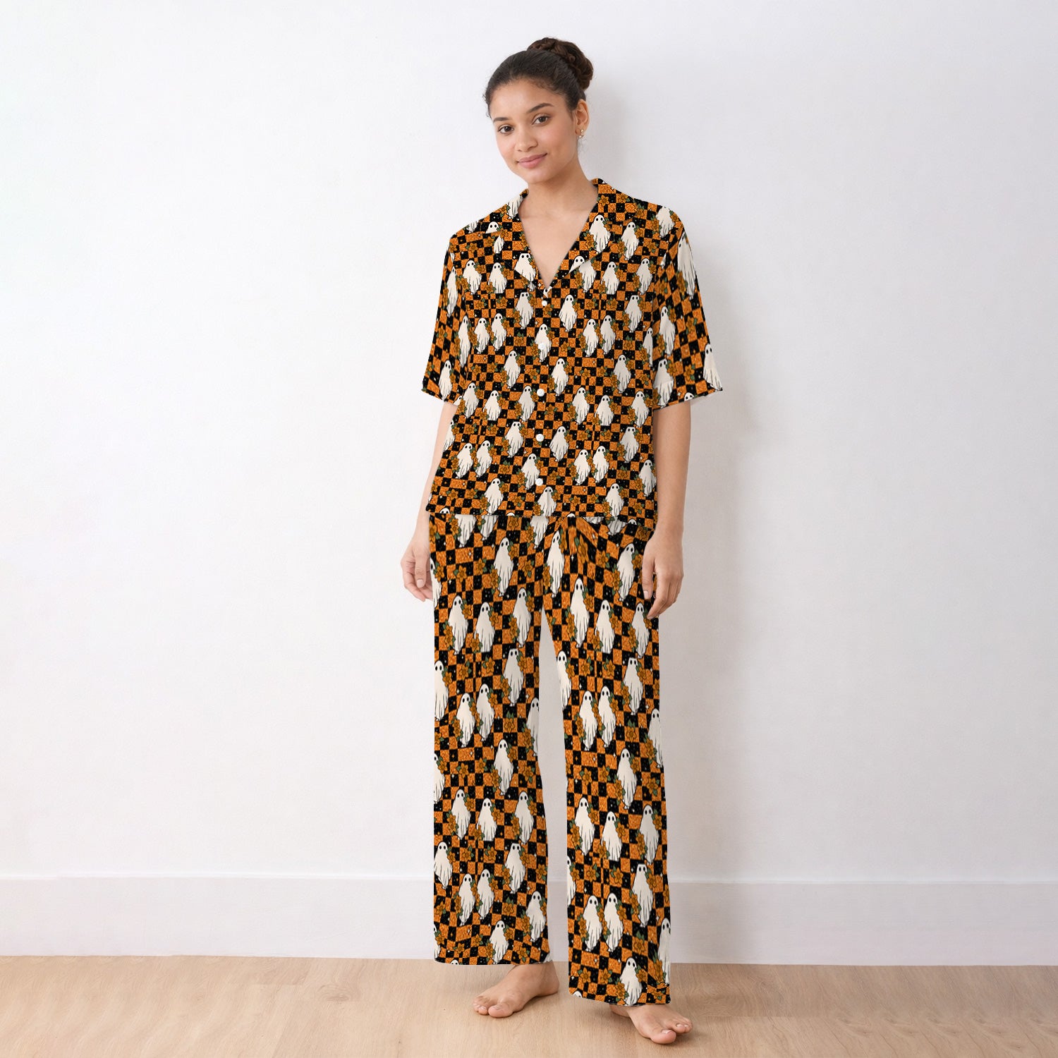Spooky Halloween Ghost Checkerboard Pajama Set, Soft Breathable Fabric Comfortable Sleepwear