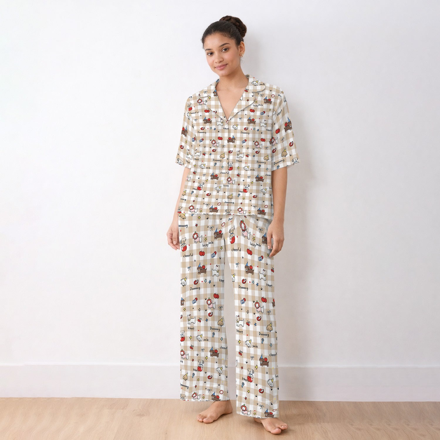Cute Nurse Cartoon Puppy Apple Gingham Pajama Set, Breathable Fabrics Uniform