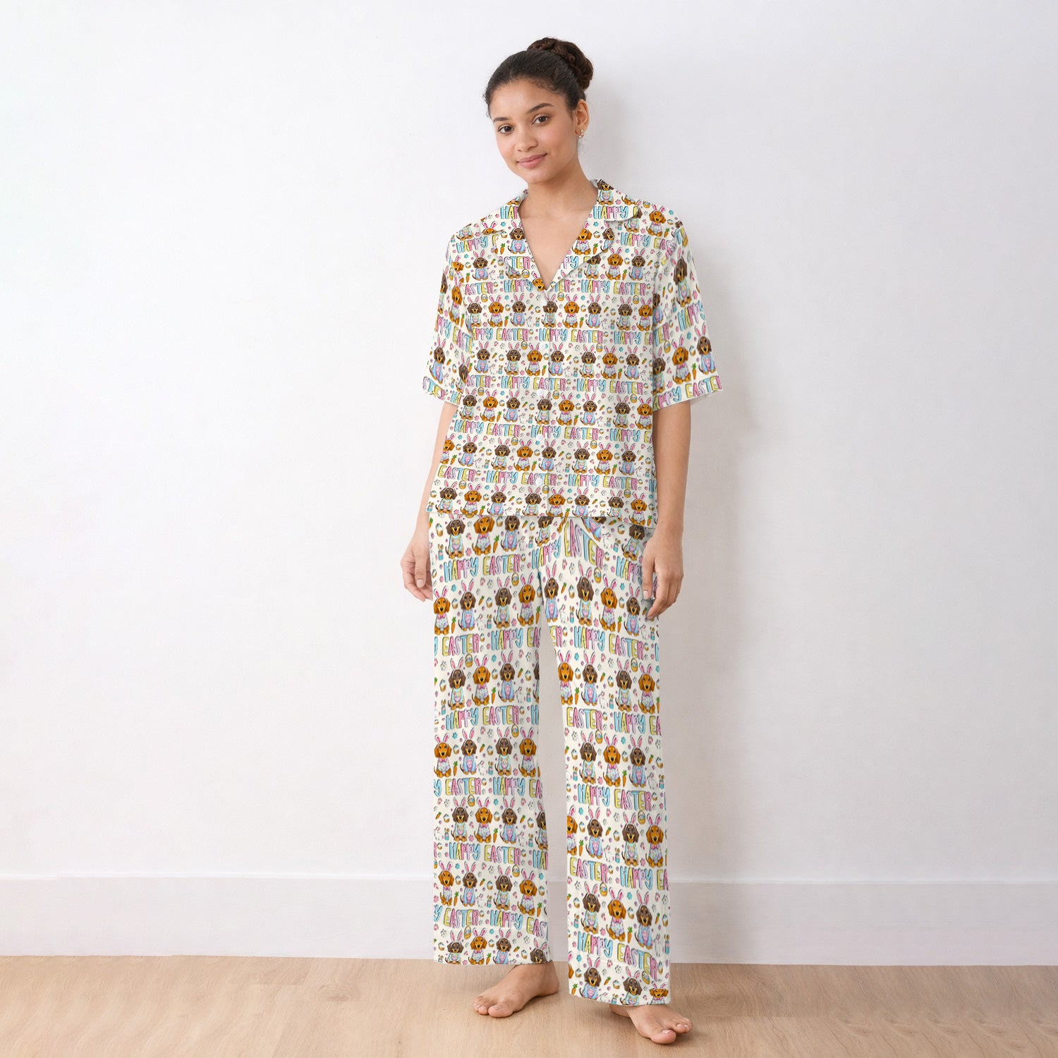 Happy Easter Dachshund Bunny Print Pajama Set, Breathable Fabrics Uniform