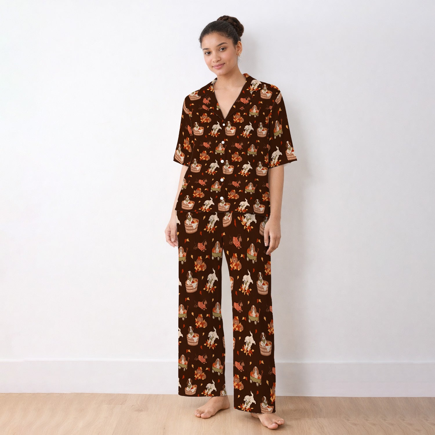 Cute Autumn Dogs And Falling Leaves Pajama Set, Soft Breathable Fabric Comfortable Sleepwear