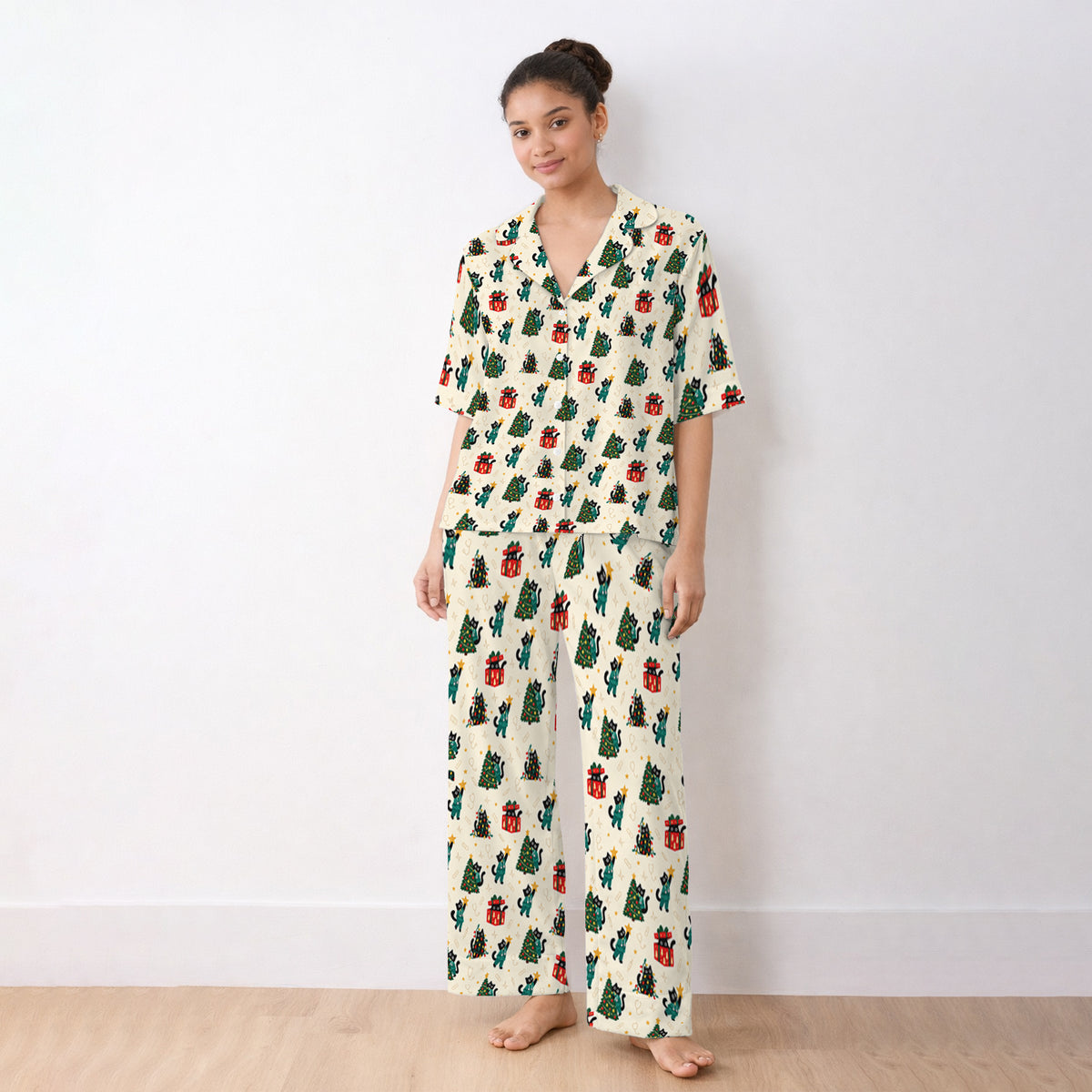 Christmas Black Nurse Cats And Trees Pajama Set, Soft Breathable Fabric Comfortable Sleepwear